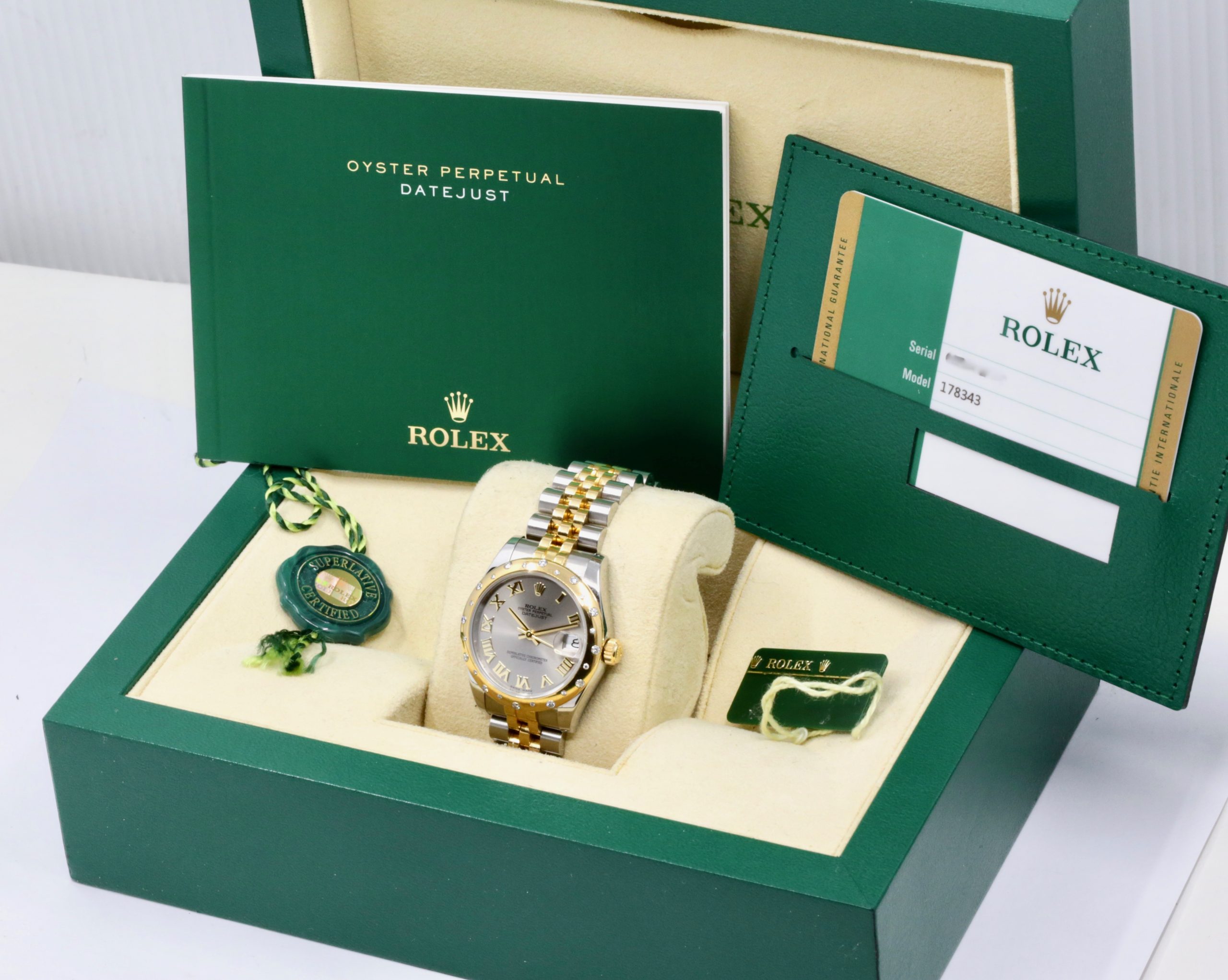 Rolex Datejust 31, in Stainless Steel & 18ct Yellow Gold, Factory Set Scattered-Diamond Bezel, Silver Roman Dial, on Stainless Steel & 18ct Yellow Gold Jubilee Bracelet, Ref. 178343, Circa: 2016, with Box, Books, Swing Tag, & Rolex Warranty Card - Image 6
