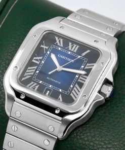 Cartier - Santos de Cartier, Large Model, Stainless Steel, Blue Roman Dial with Date, on Stainless Steel Cartier Bracelet, Ref. WSSA0030, Circa: 2022, with Box, Papers & Balance of 8 Year Cartier Extended Warranty