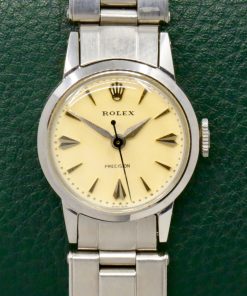 Ladies Rolex Precision in Stainless Steel, Cream index Dial, on Stainless Steel Rolex Riveted Oyster Bracelet, Rolex Calibre 1310 Movement, , ref. 9169, Ca 1960,