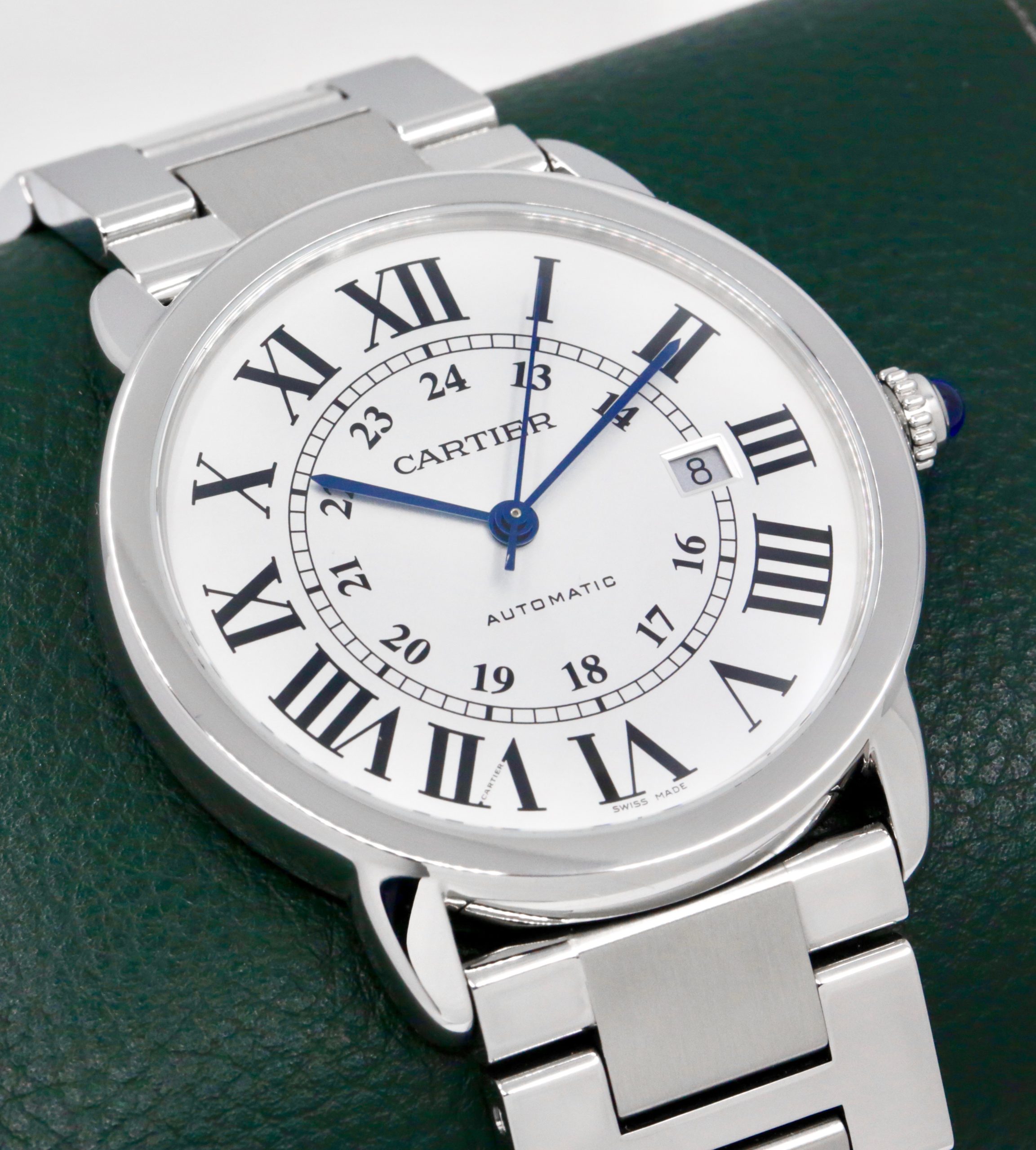 Cartier Ronde Solo, Stainless Steel, Silver Roman Dial with Blue Sword-Shaped Hands, on Stainless Steel Cartier Bracelet, Ref. W6701011, Circa: 2020, with Box, Books, Cartier Warranty Card & Balance of 8 Year Cartier Extended Warranty