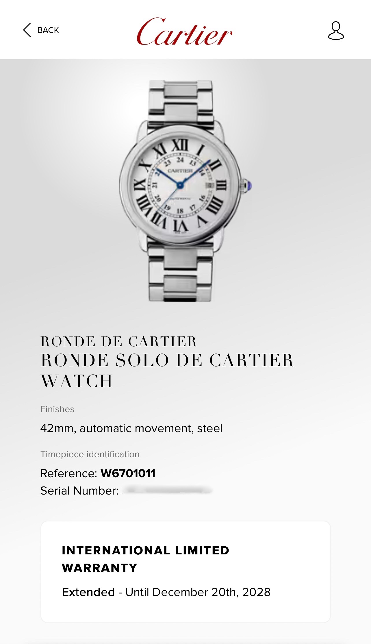 Cartier Ronde Solo, Stainless Steel, Silver Roman Dial with Blue Sword-Shaped Hands, on Stainless Steel Cartier Bracelet, Ref. W6701011, Circa: 2020, with Box, Books, Cartier Warranty Card & Balance of 8 Year Cartier Extended Warranty - Image 8