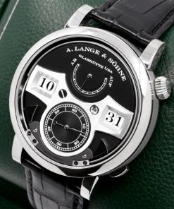 A. Lange & Söhne Zeitwerk Striking Time in 18ct White gold, Black Silver Dial with Mechanical Digital Display Jumping Hours and Minutes via Oversized Numerals on a Black Alligator Band with 18ct White Gold Tang Buckle, Ref. 145.029, Circa: 2017, Complete with Box & Papers