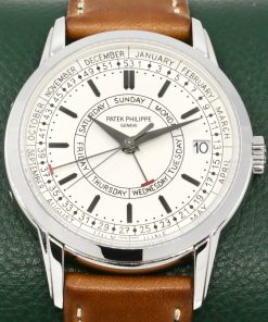 Patek Philippe Calatrava Weekly Calendar, Stainless Steel, Silver Opaline Dial, on Brown Patek Philippe Leather Strap with Stainless Steel Patek Philippe Tang Buckle, Ref. 5212A-001, Circa: 2021, with Box, Papers & Additional Custom-made Artisans Red Alligator Strap