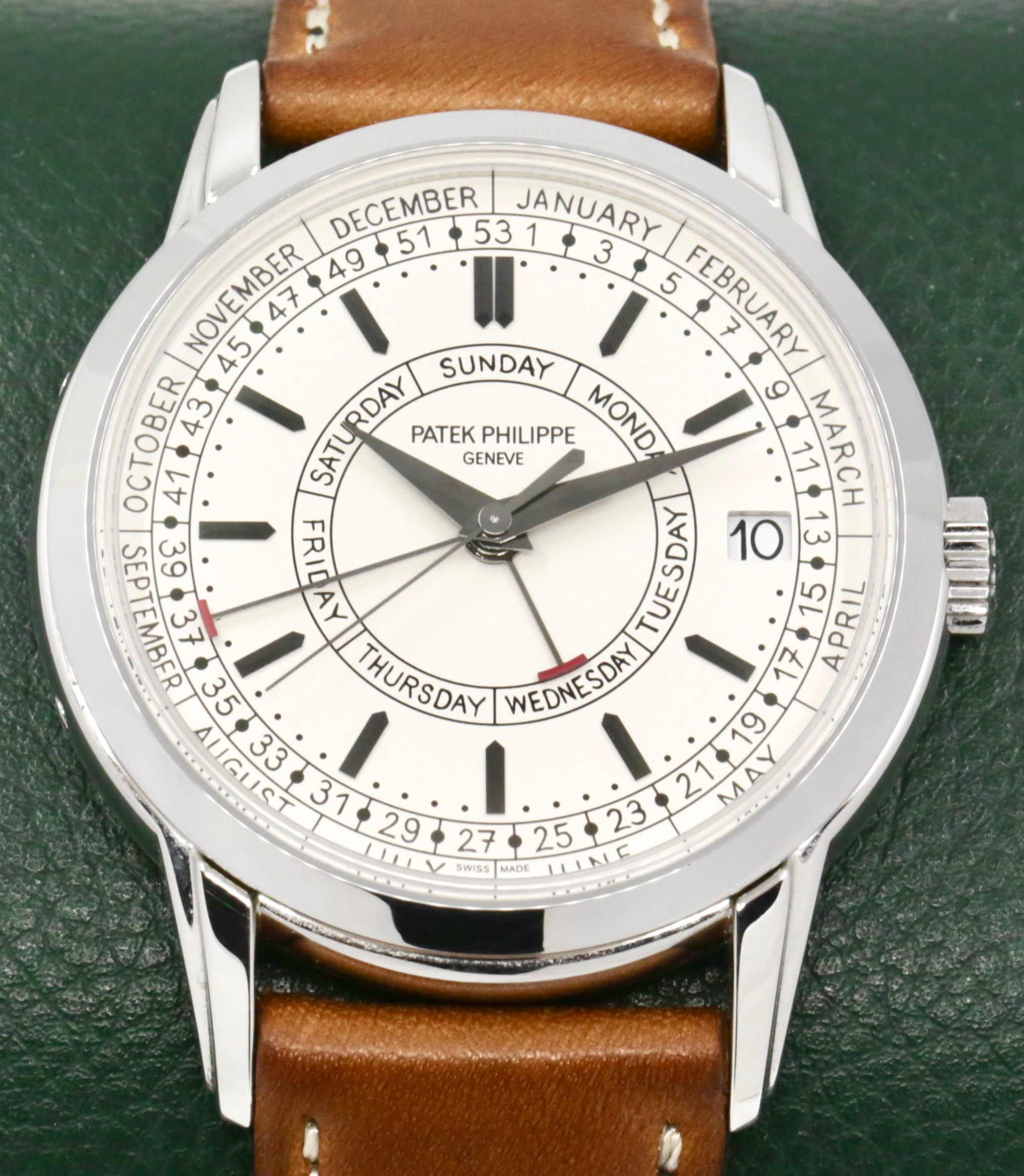 Patek Philippe Calatrava Weekly Calendar, Stainless Steel, Silver Opaline Dial, on Brown Patek Philippe Leather Strap with Stainless Steel Patek Philippe Tang Buckle, Ref. 5212A-001, Circa: 2021, with Box, Papers & Additional Custom-made Artisans Red Alligator Strap