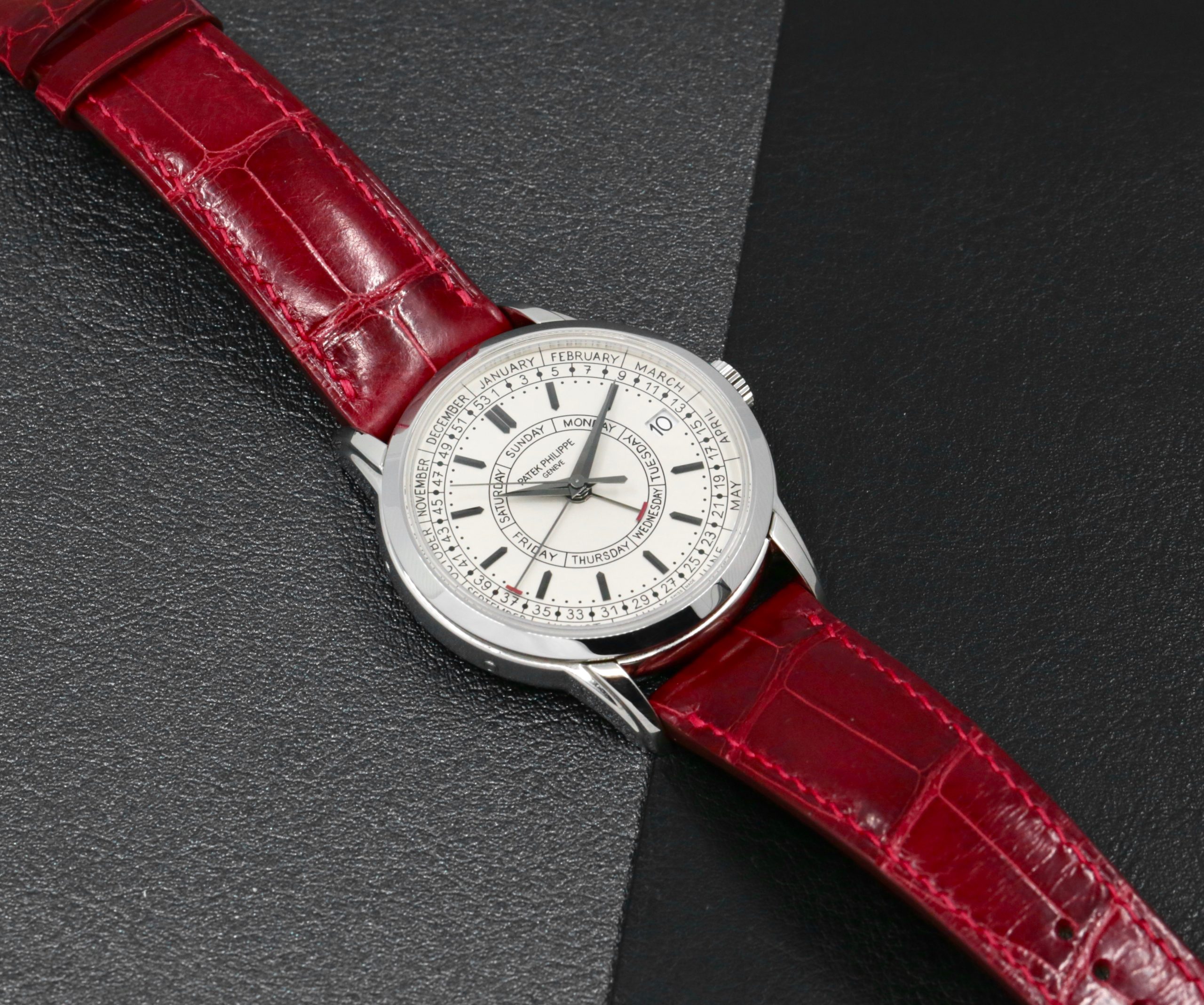 Patek Philippe Calatrava Weekly Calendar, Stainless Steel, Silver Opaline Dial, on Brown Patek Philippe Leather Strap with Stainless Steel Patek Philippe Tang Buckle, Ref. 5212A-001, Circa: 2021, with Box, Papers & Additional Custom-made Artisans Red Alligator Strap - Image 6