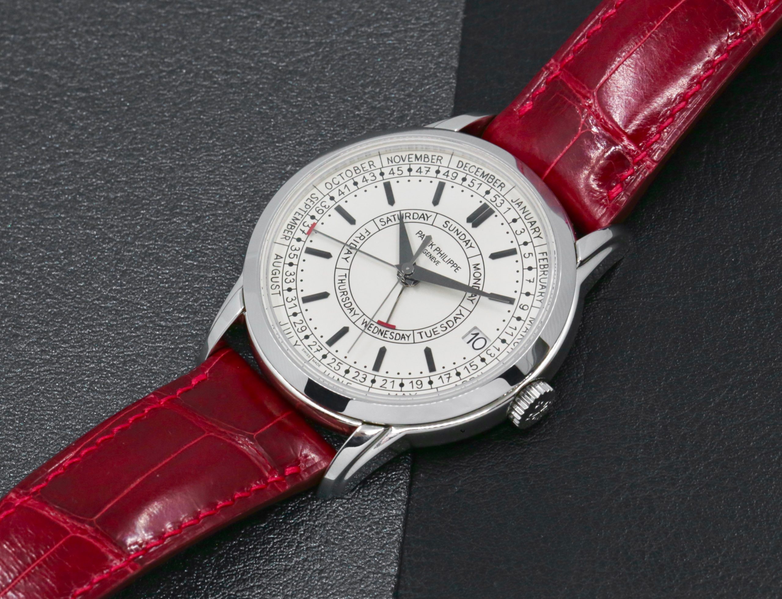 Patek Philippe Calatrava Weekly Calendar, Stainless Steel, Silver Opaline Dial, on Brown Patek Philippe Leather Strap with Stainless Steel Patek Philippe Tang Buckle, Ref. 5212A-001, Circa: 2021, with Box, Papers & Additional Custom-made Artisans Red Alligator Strap - Image 5