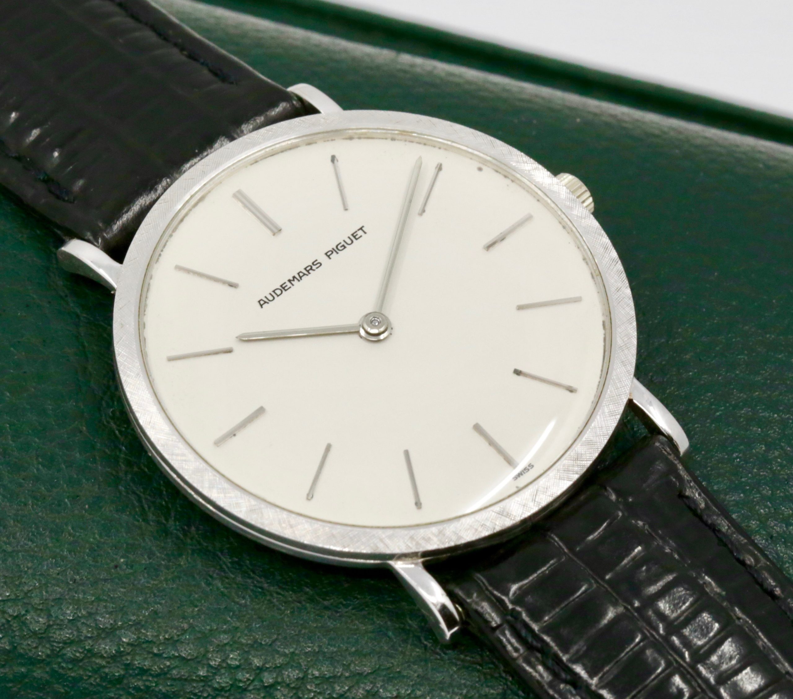 Audemars Piguet Ultra-Thin Dress Watch in 18ct white gold, ivory index dial on a black leather strap. Ref: B18037 "Watch only" Circa 1980's