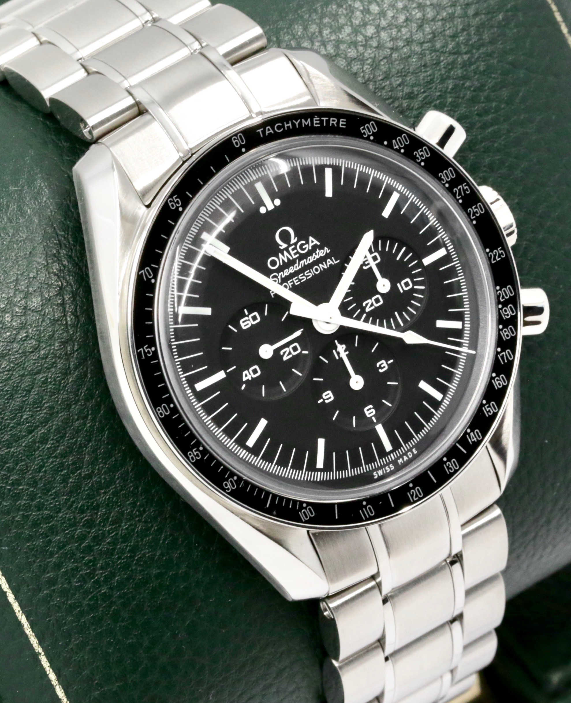 Omega Speedmaster Professional "Big Box Speedy", 42mm Stainless Steel Case, Black Index Dial, Hesalite Crystal, on Stainless Steel Omega Bracelet, Ref. 311.30.42.30.01.005, Circa: 2017, Complete with Big Omega Box, Books, Extra Straps, & Omega Warranty Cards