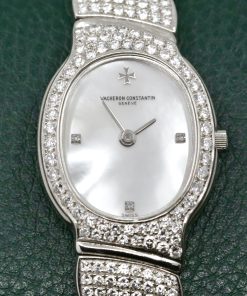 Alternative view of Vacheron Constantin Ladies Watch in 18ct White Gold, Diamond Set Bezel with a Mother Of Pearl Dial Set with Diamonds at 3, 6, 9. Integrated 18ct White Gold Bracelet Set with Diamonds. Ref: 27036/PB is part of the Absolues Collection with a Quartz Movement. Circa 1990's
