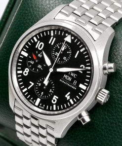 Alternative view of IWC Pilot’s Chronograph Spitfire in stainless steel, black Arab dial & sub dials on a IWC H-Link Stainless Steel bracelet. Ref: IW371704, Ca. 12/2007, Box, Book & IWC Warranty Card,