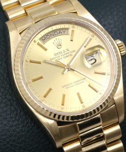 Rolex Day Date 36 in 18ct yellow gold on a 18ct Rolex President Bracelet with a champagne index dial. Ref 18038 Circa.1980, Recently returned from a full service by Rolex Australia