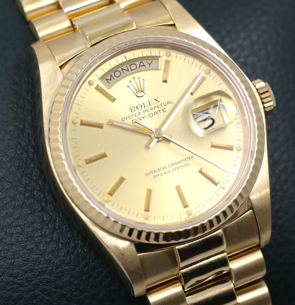 Rolex Day Date 36 in 18ct yellow gold on a 18ct Rolex President Bracelet with a champagne index dial. Ref 18038 Circa.1980, Recently returned from a full service by Rolex Australia
