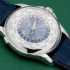 Patek Philippe World Time, Ref. 5130P, in Platinum (950Pt), 39.5mm Case, Silver & Blue Sunburst Guilloché Dial, on Navy Blue Alligator Patek Philippe Leather Strap with Platinum Patek Deployant, Circa: 2011, with Patek Philippe Extract of Archives Certificate & Balance of 2 Year Patek Philippe Service Warranty