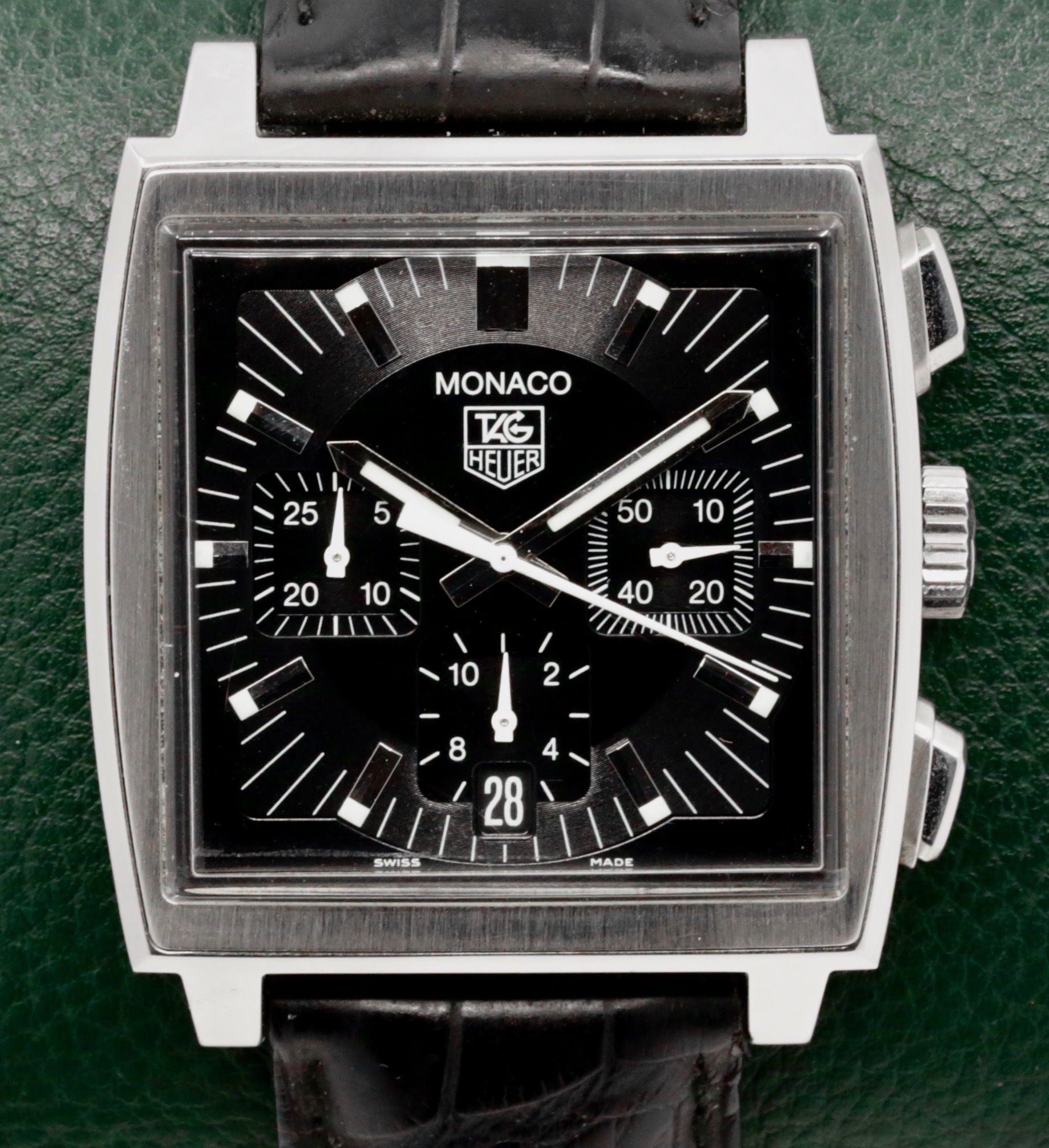Tag Heuer Monaco chronograph CW2111-0 stainless steel on strap with folding buckle.