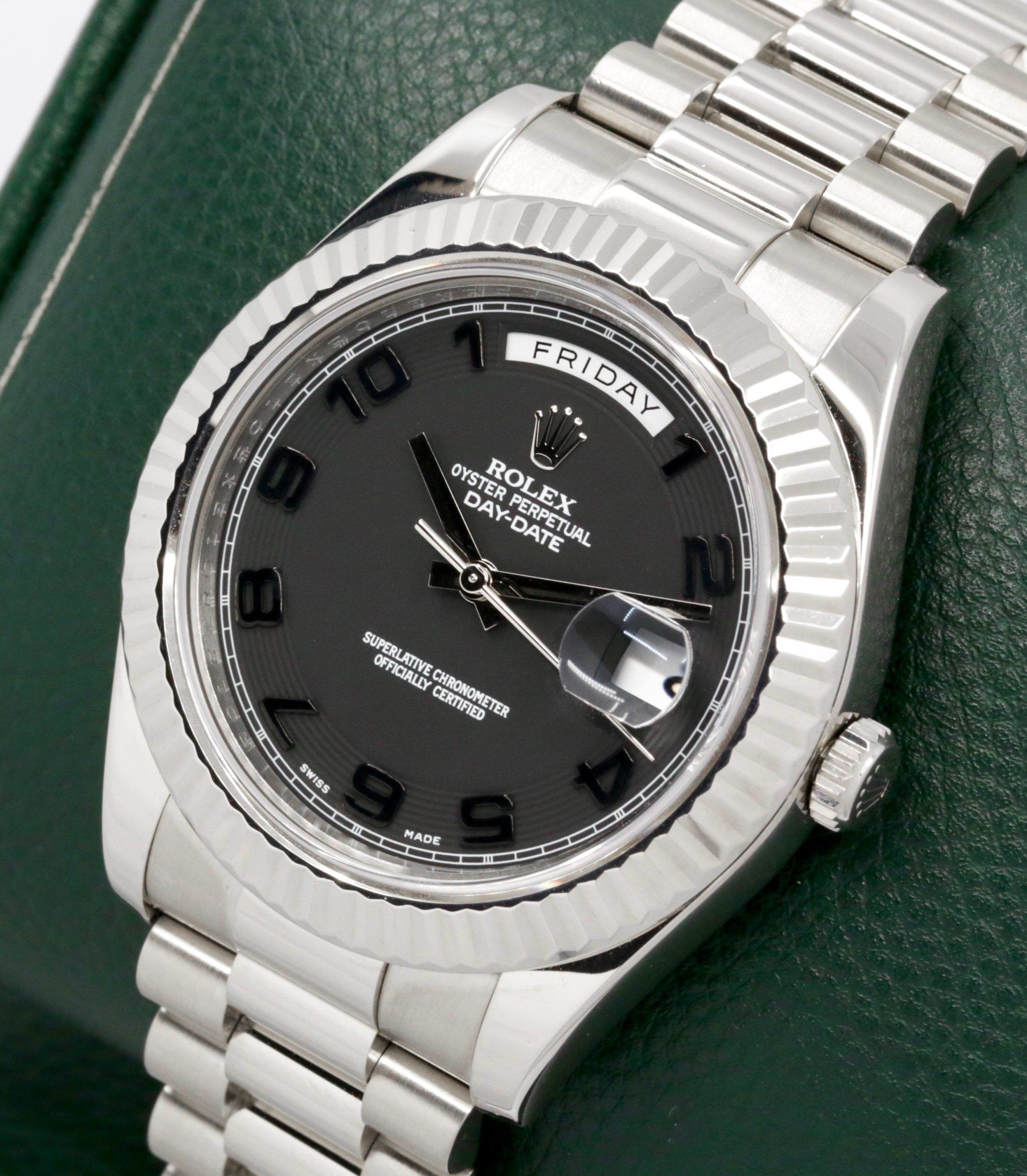 Rolex Day Date II in 18ct White Gold, 41mm, on a 18ct White gold President bracelet, "Blackout" Black Arab Dial, Ref: 218239, Circa. Dec. 2011, with Box, Books, Rolex Warranty Card & Balance of 2 Year Rolex Service Warranty - Image 3