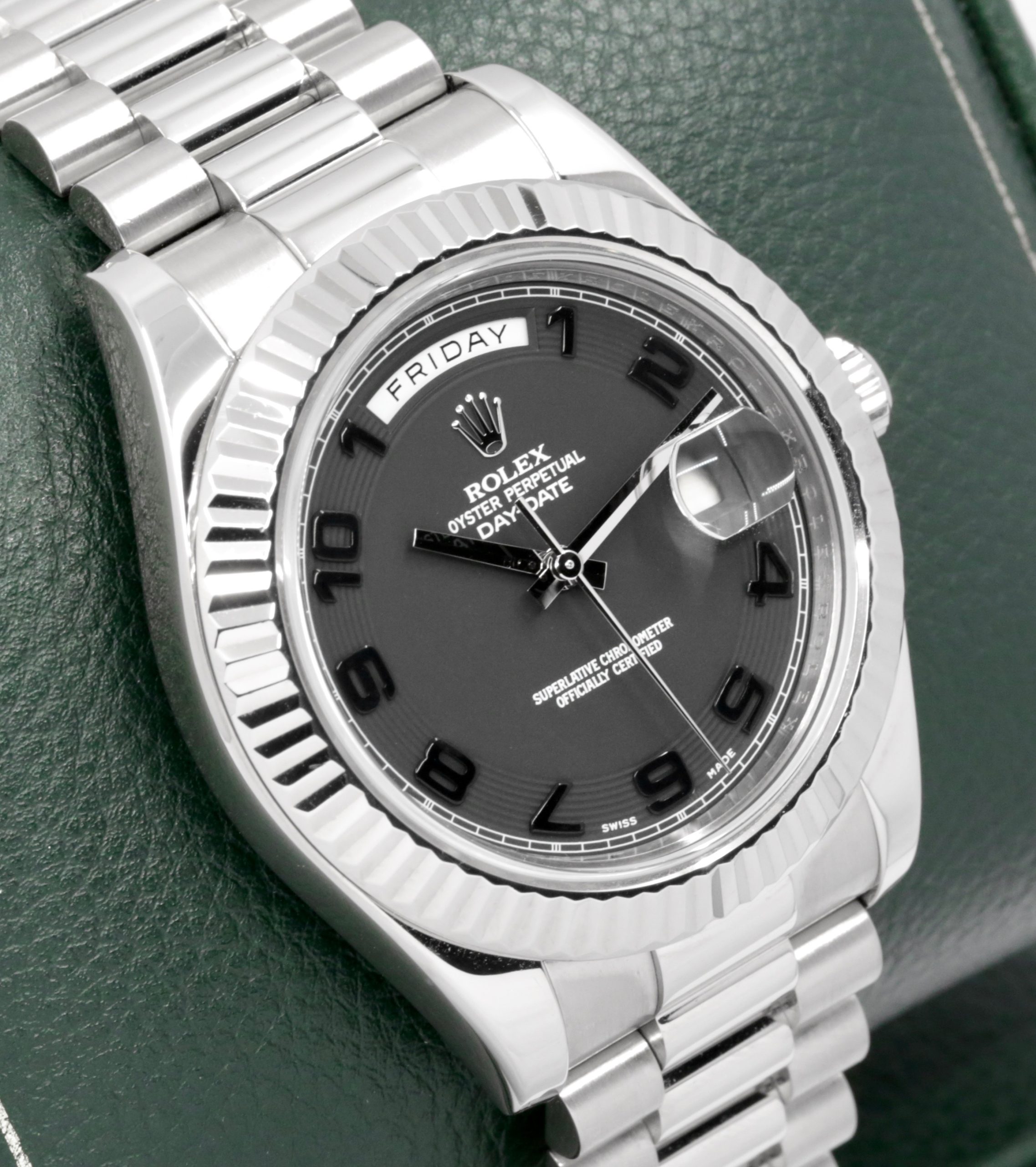 Rolex Day Date II in 18ct White Gold, 41mm, on a 18ct White gold President bracelet, "Blackout" Black Arab Dial, Ref: 218239, Circa. Dec. 2011, with Box, Books, Rolex Warranty Card & Balance of 2 Year Rolex Service Warranty - Image 2