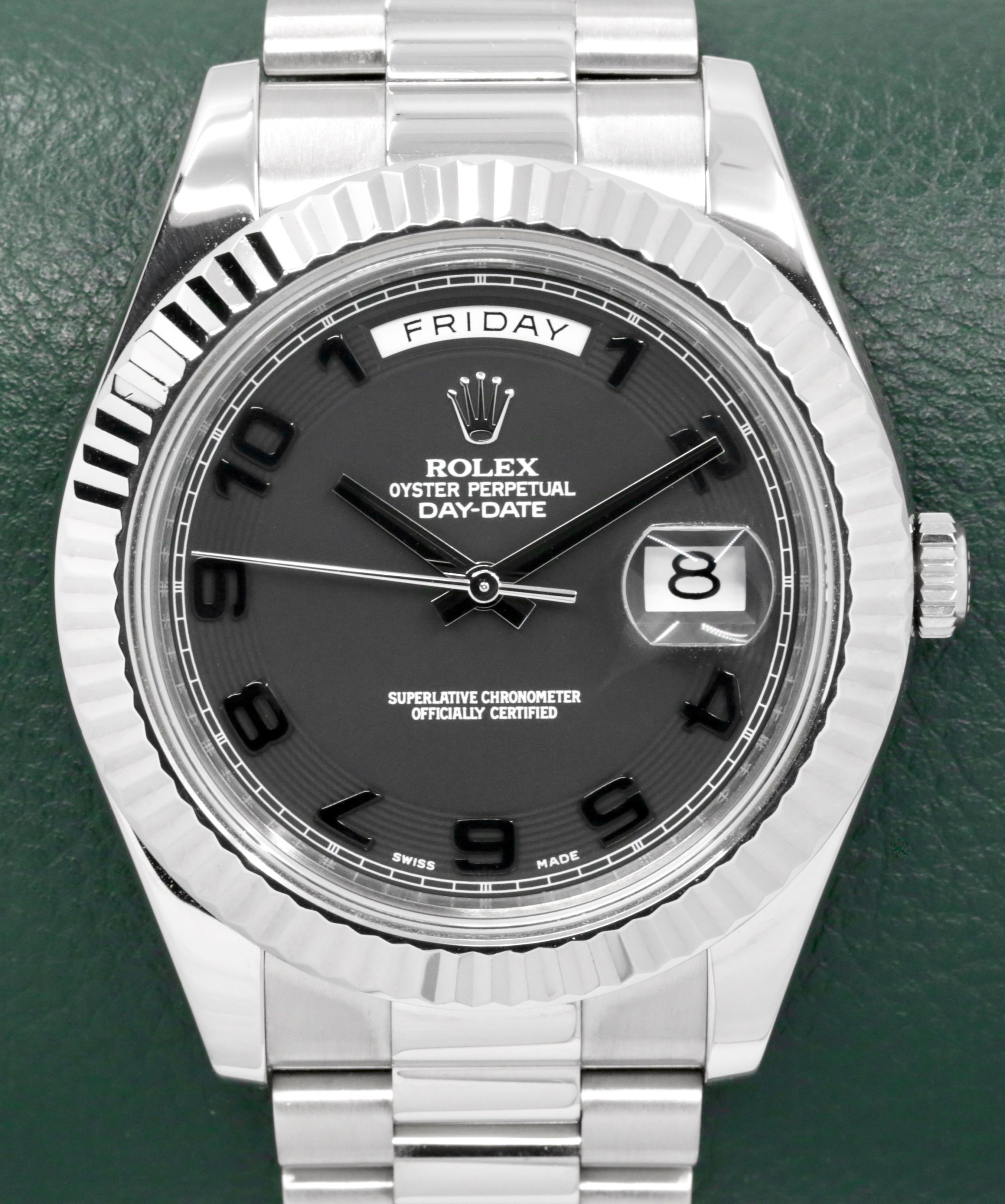 Rolex Day Date II in 18ct White Gold, 41mm, on a 18ct White gold President bracelet, "Blackout" Black Arab Dial, Ref: 218239, Circa. Dec. 2011, with Box, Books, Rolex Warranty Card & Balance of 2 Year Rolex Service Warranty