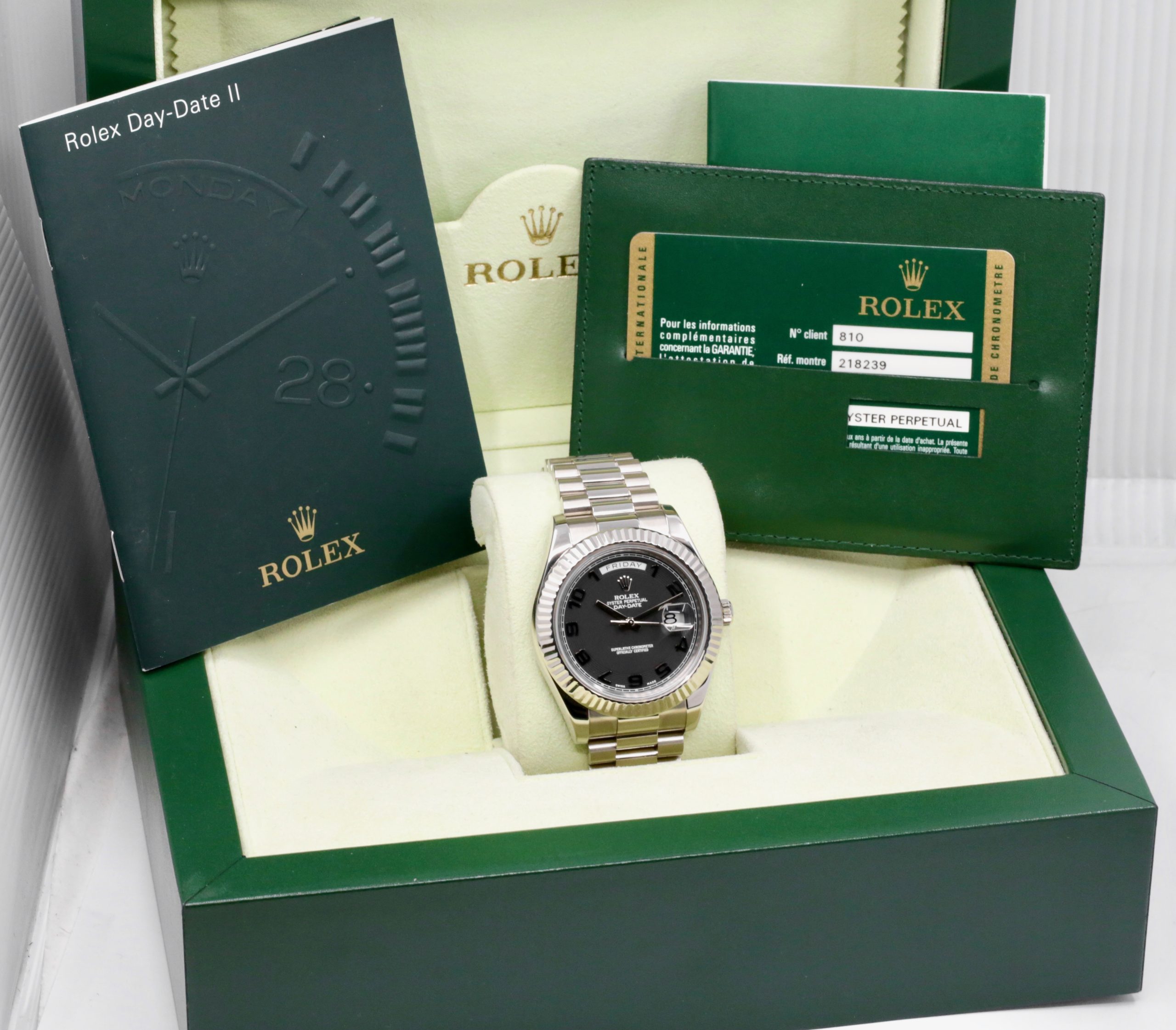 Rolex Day Date II in 18ct White Gold, 41mm, on a 18ct White gold President bracelet, "Blackout" Black Arab Dial, Ref: 218239, Circa. Dec. 2011, with Box, Books, Rolex Warranty Card & Balance of 2 Year Rolex Service Warranty - Image 7