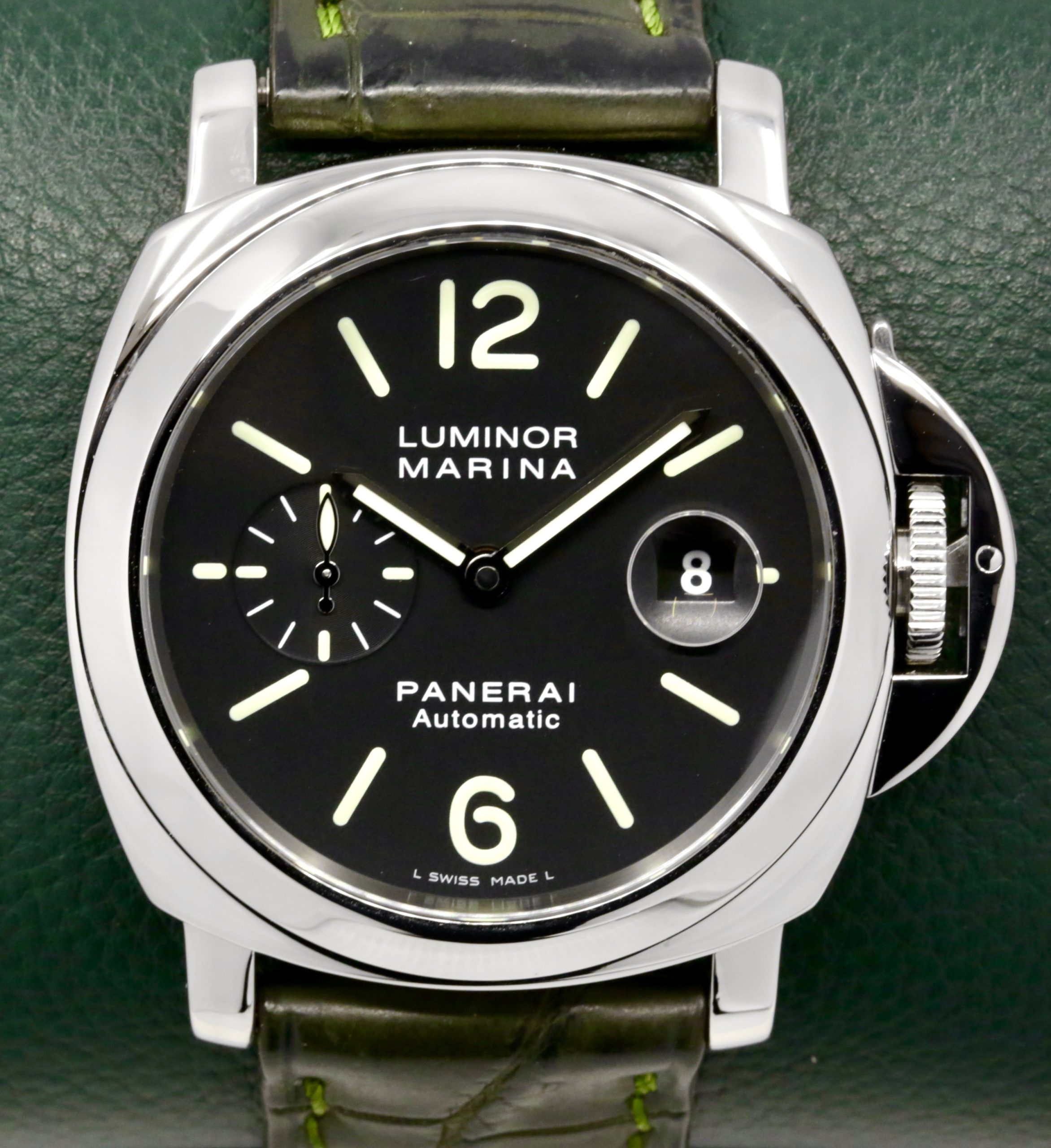 Panerai Luminor Marina, 44mm, Stainless Steel, Black Index Dial with Sub-Second and Date, on Green Alligator Leather Strap with Stainless Steel Panerai Tang Buckle, Ref. PAM00104, Watch Only
