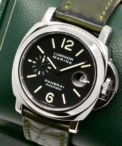 Alternative view of Panerai Luminor Marina, 44mm, Stainless Steel, Black Index Dial with Sub-Second and Date, on Green Alligator Leather Strap with Stainless Steel Panerai Tang Buckle, Ref. PAM00104, Watch Only