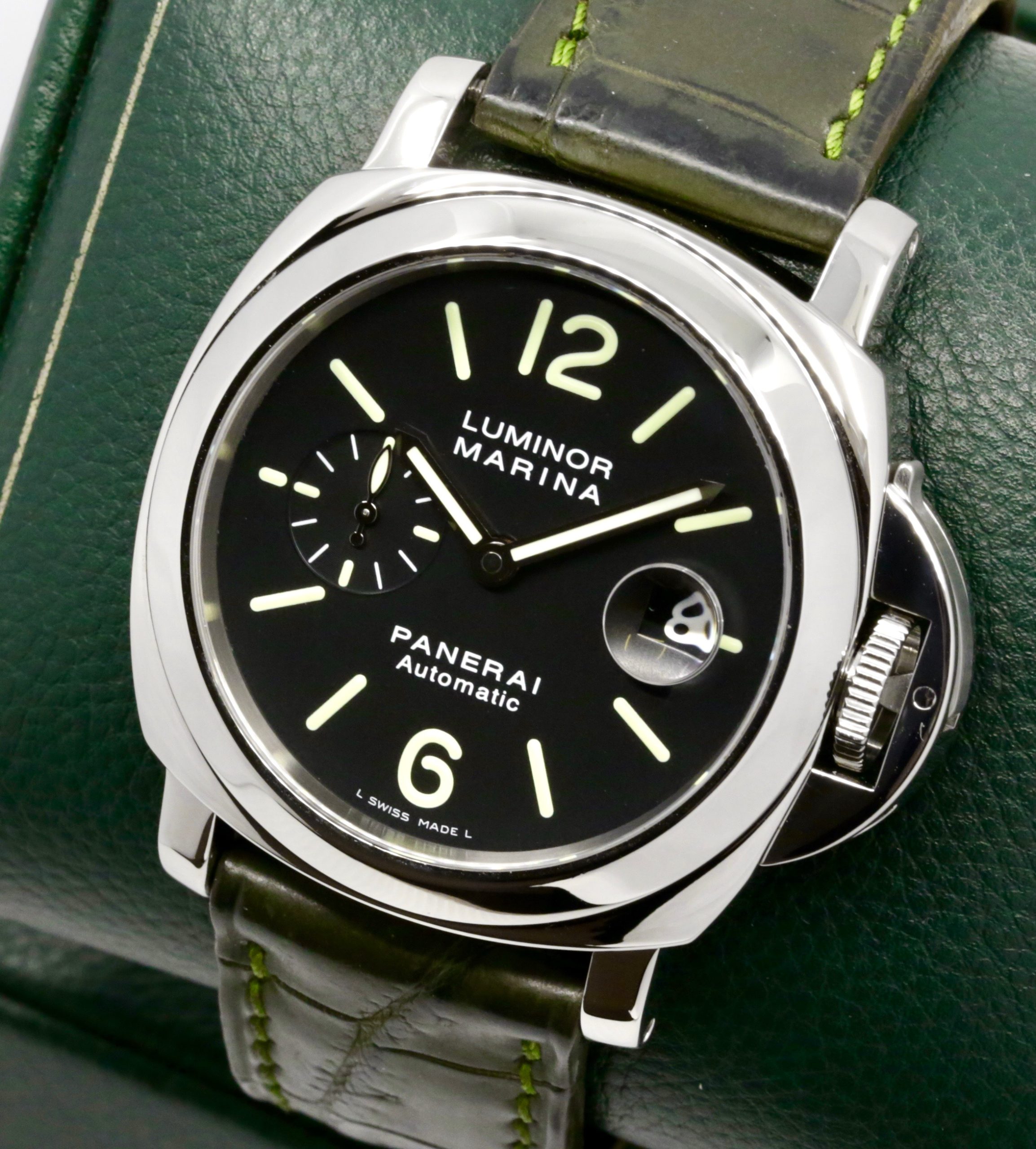 Panerai Luminor Marina, 44mm, Stainless Steel, Black Index Dial with Sub-Second and Date, on Green Alligator Leather Strap with Stainless Steel Panerai Tang Buckle, Ref. PAM00104, Watch Only - Image 2