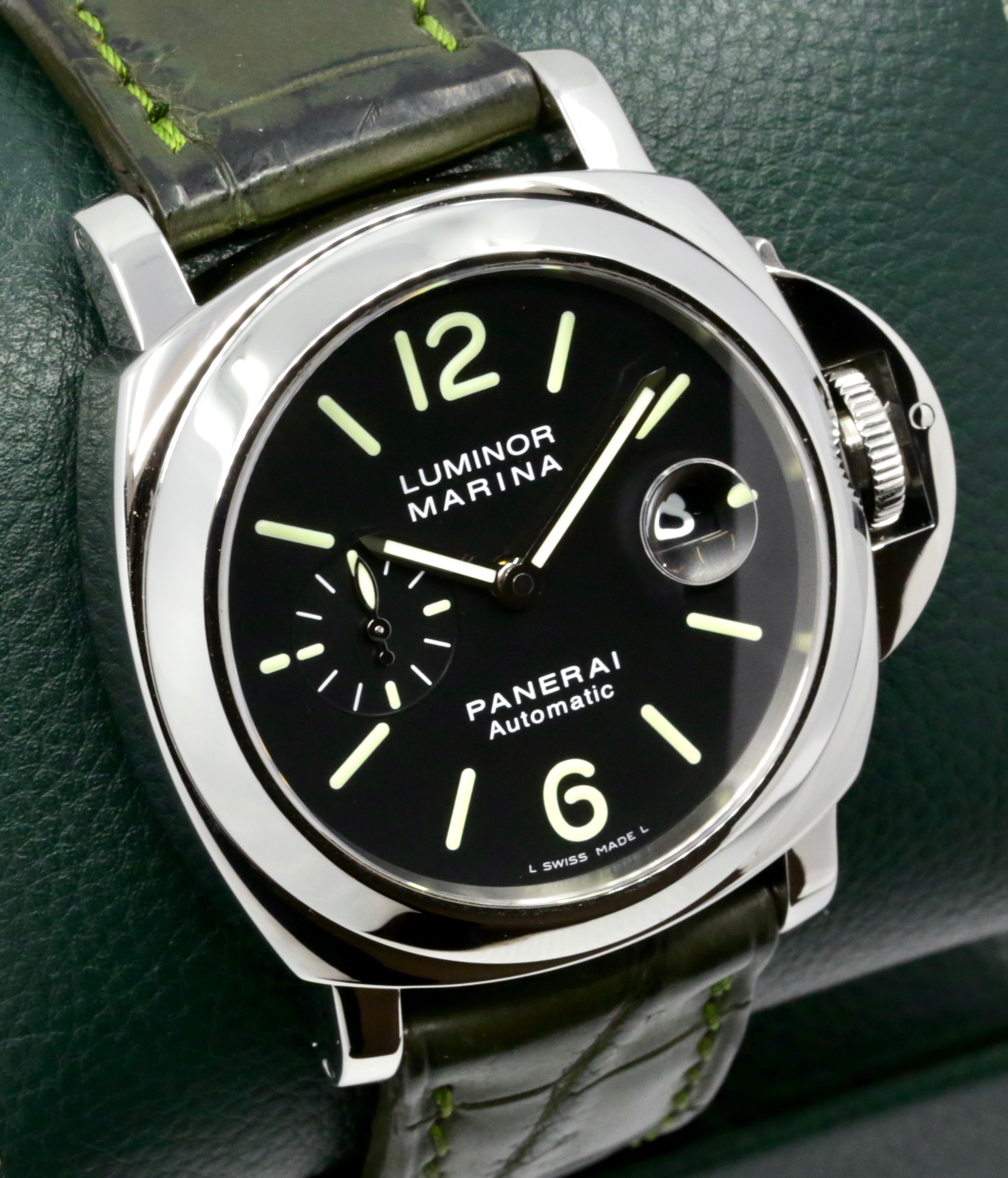 Panerai Luminor Marina, 44mm, Stainless Steel, Black Index Dial with Sub-Second and Date, on Green Alligator Leather Strap with Stainless Steel Panerai Tang Buckle, Ref. PAM00104, Watch Only - Image 3
