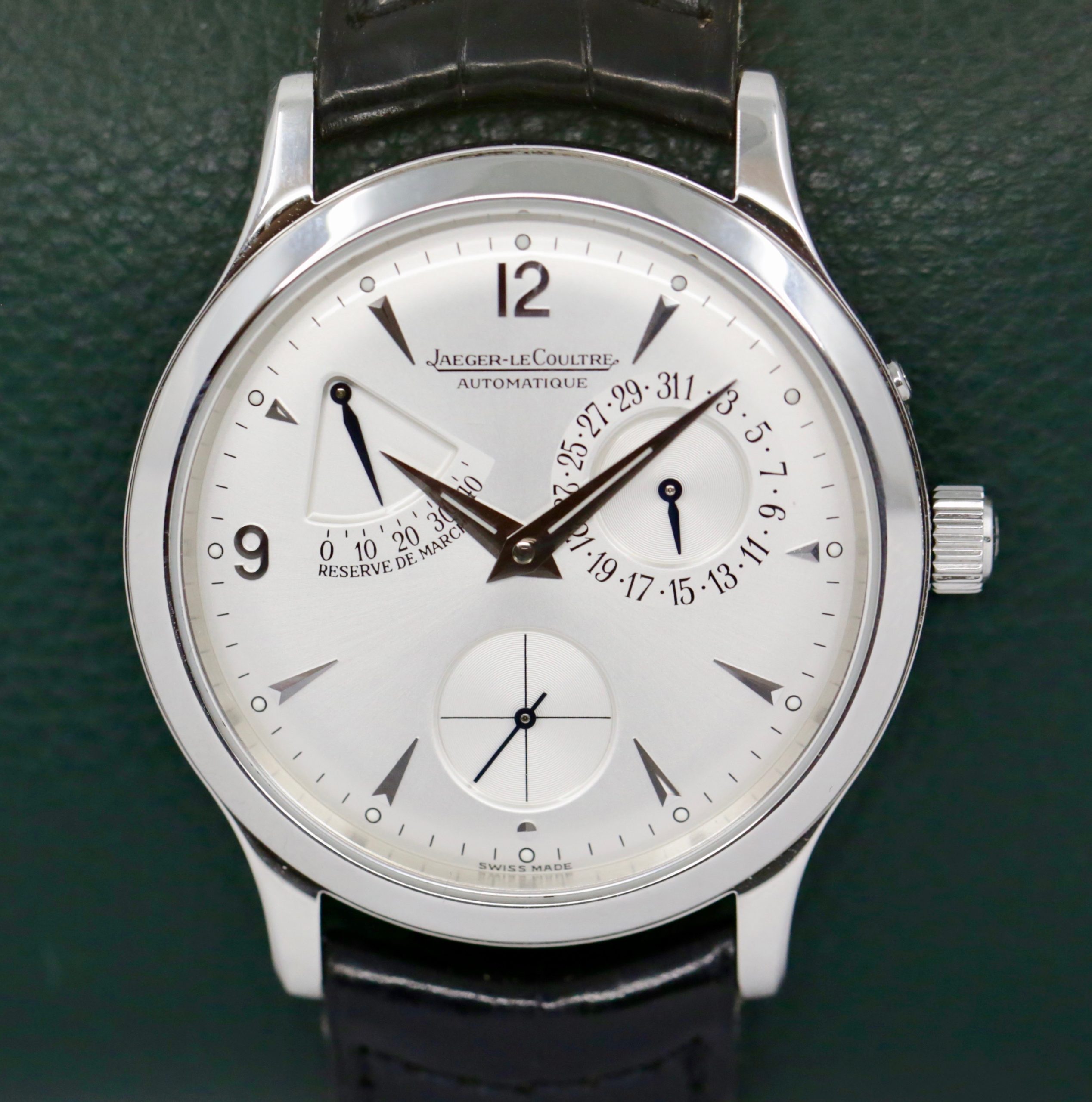 Jaeger-LeCoultre Master Control Reserve De Marche, 37mm, Stainless Steel, Silver Index Dial with Date & Power Reserve Display, on Black JLC Alligator Strap with Steel JLC Deployant, Ref.140.8.38.S, Circa: 2009, Box & Papers