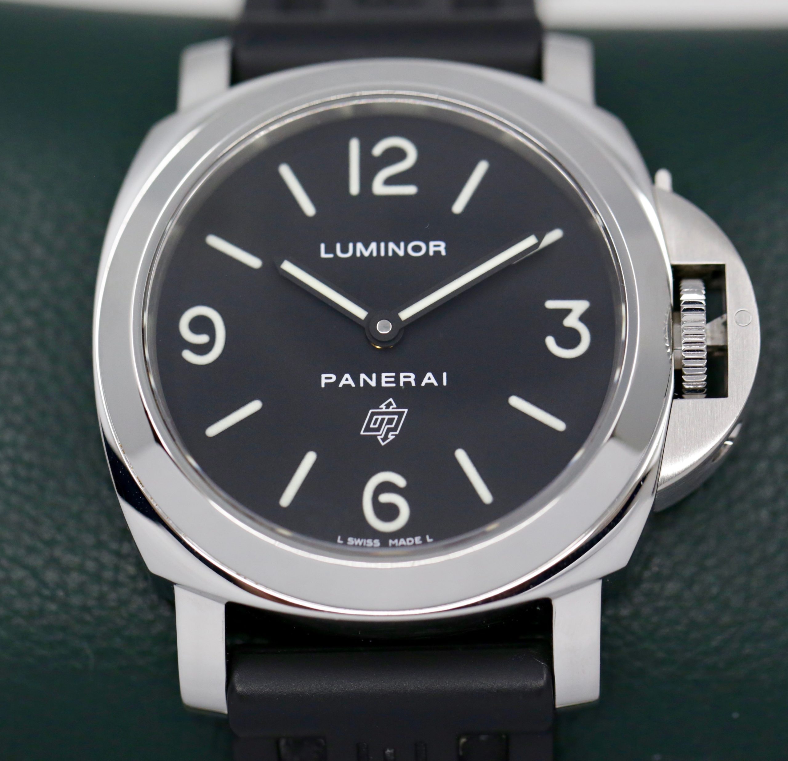 Panerai Luminor Base Logo, 44mm Stainless Steel Case, Black Index & Arab Dial, on Black Panerai Rubber Strap on Stainless Steel Panerai Tang Buckle, Ref. PAM00000, Circa: 2015, with Box books, & Panerai Warranty Card.