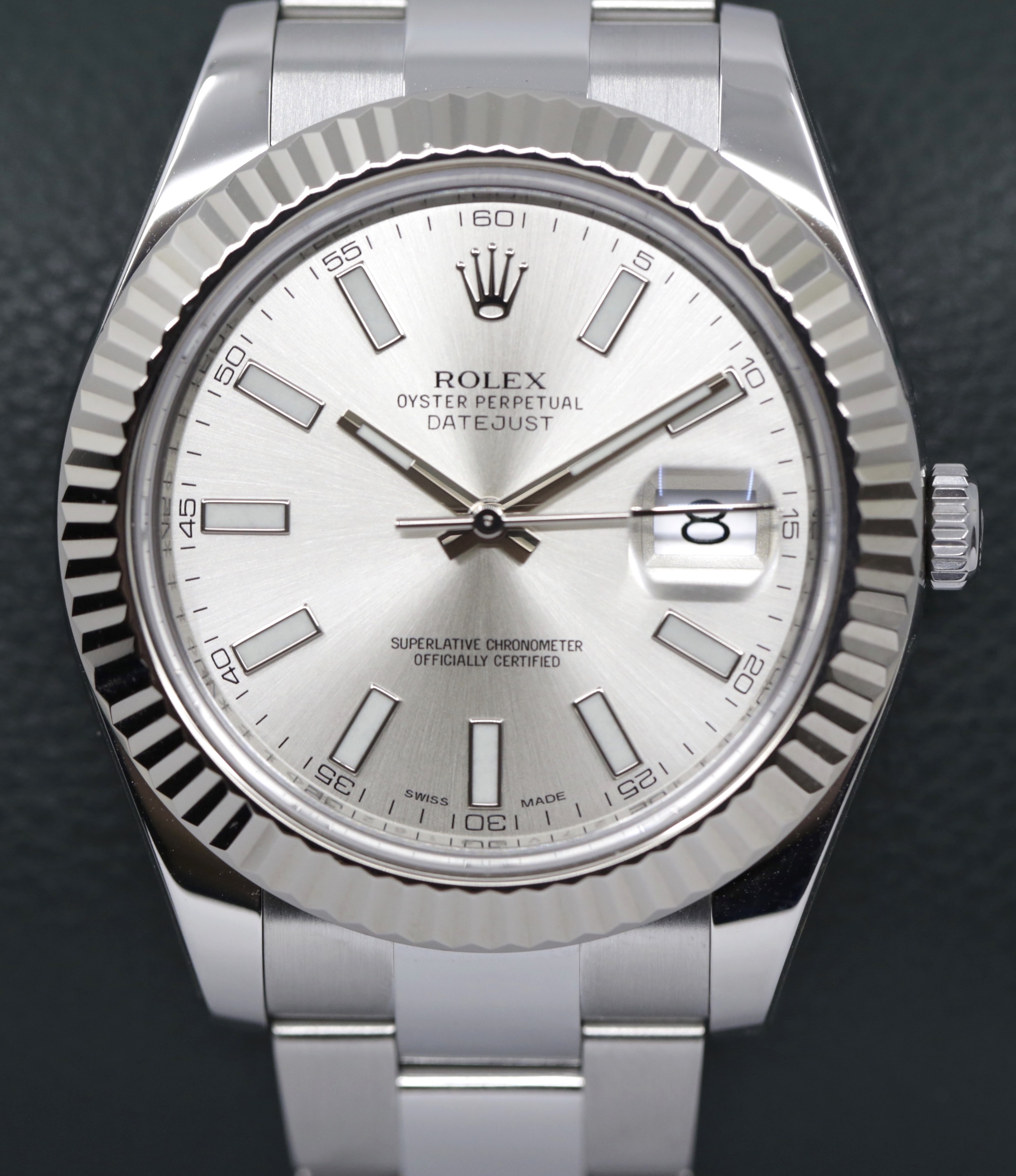 Rolex Datejust II, Stainless Steel, 18ct White Gold Fluted Bezel, Silver Index Dial, Rolex Oystersteel Bracelet, Ref. 116334, Box Book Rolex Warranty Card, Circa: 7/2013,