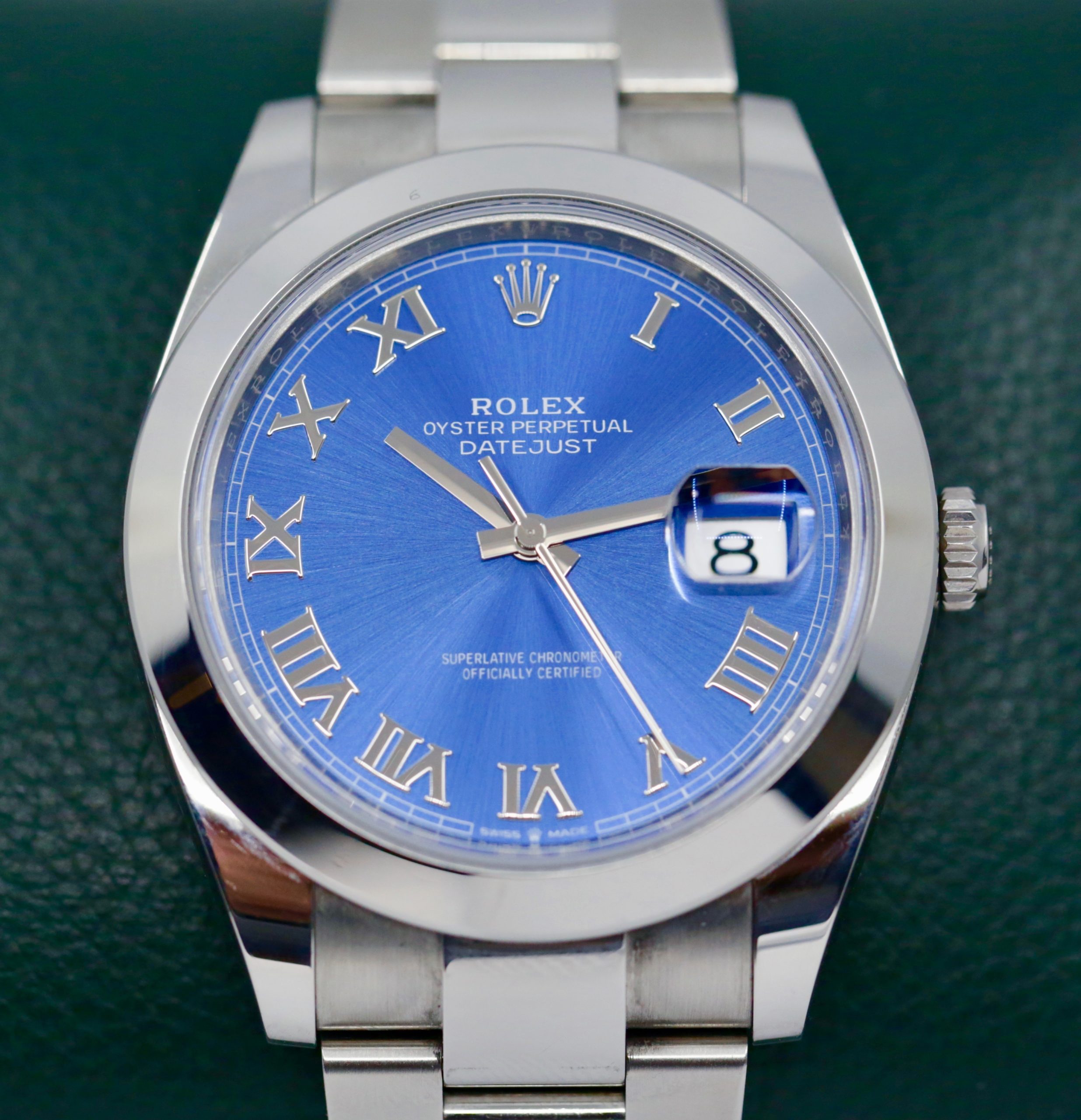 Rolex Datejust 41 ref 126300, Oyster Bracelet, Smooth Bezel Blue Roman dial Ca 2020 watch only, 1 only at $10,780!