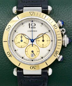 Cartier Pasha Quartz Dive / Chronograph 38mm in stainless steel and gold 18K yellow gold, Silver dial with gold sub-dials on a black alligator strap, Cartier Deployant buckle Ref: 1032, Watch Only
