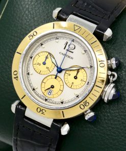 Alternative view of Cartier Pasha Quartz Dive / Chronograph 38mm in stainless steel and gold 18K yellow gold, Silver dial with gold sub-dials on a black alligator strap, Cartier Deployant buckle Ref: 1032, Watch Only