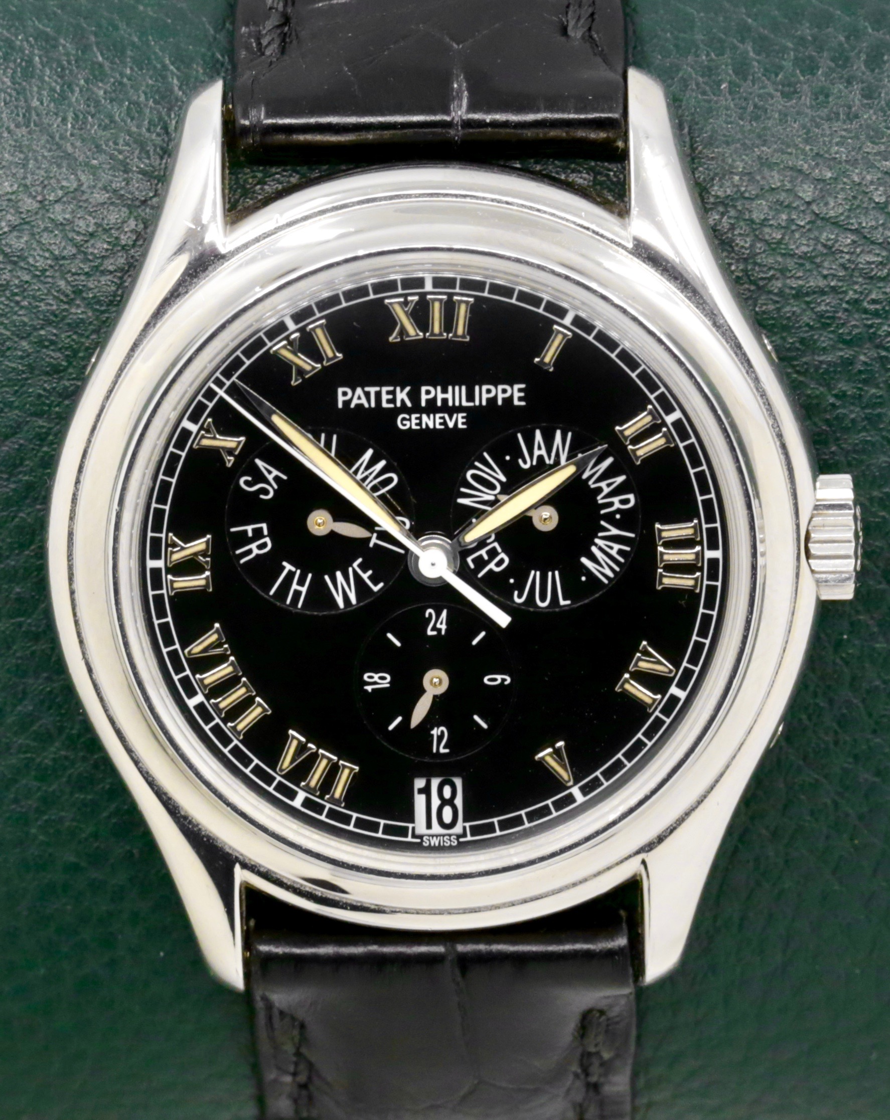 Patek Philippe Annual Calendar, Ref. 5035P, 37mm Platinum Case (0.950PT), Black Roman Dial with Day, Month, Subsidiary Second & Date Display, on Black Patek Philippe Alligator Strap with Platinum Patek Tang Buckle, with Patek Philippe Archive Certificate - Image 4