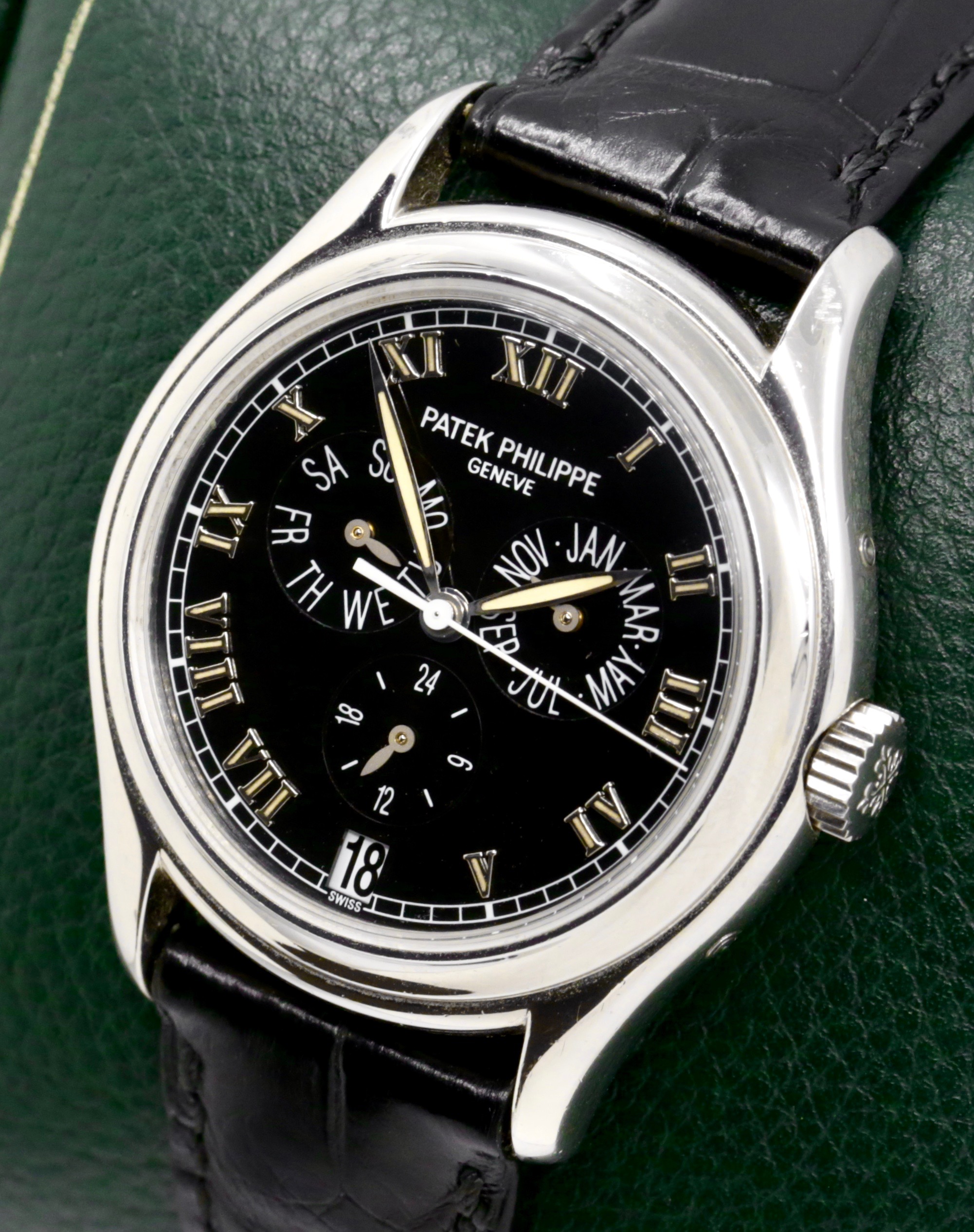 Patek Philippe Annual Calendar, Ref. 5035P, 37mm Platinum Case (0.950PT), Black Roman Dial with Day, Month, Subsidiary Second & Date Display, on Black Patek Philippe Alligator Strap with Platinum Patek Tang Buckle, with Patek Philippe Archive Certificate - Image 3