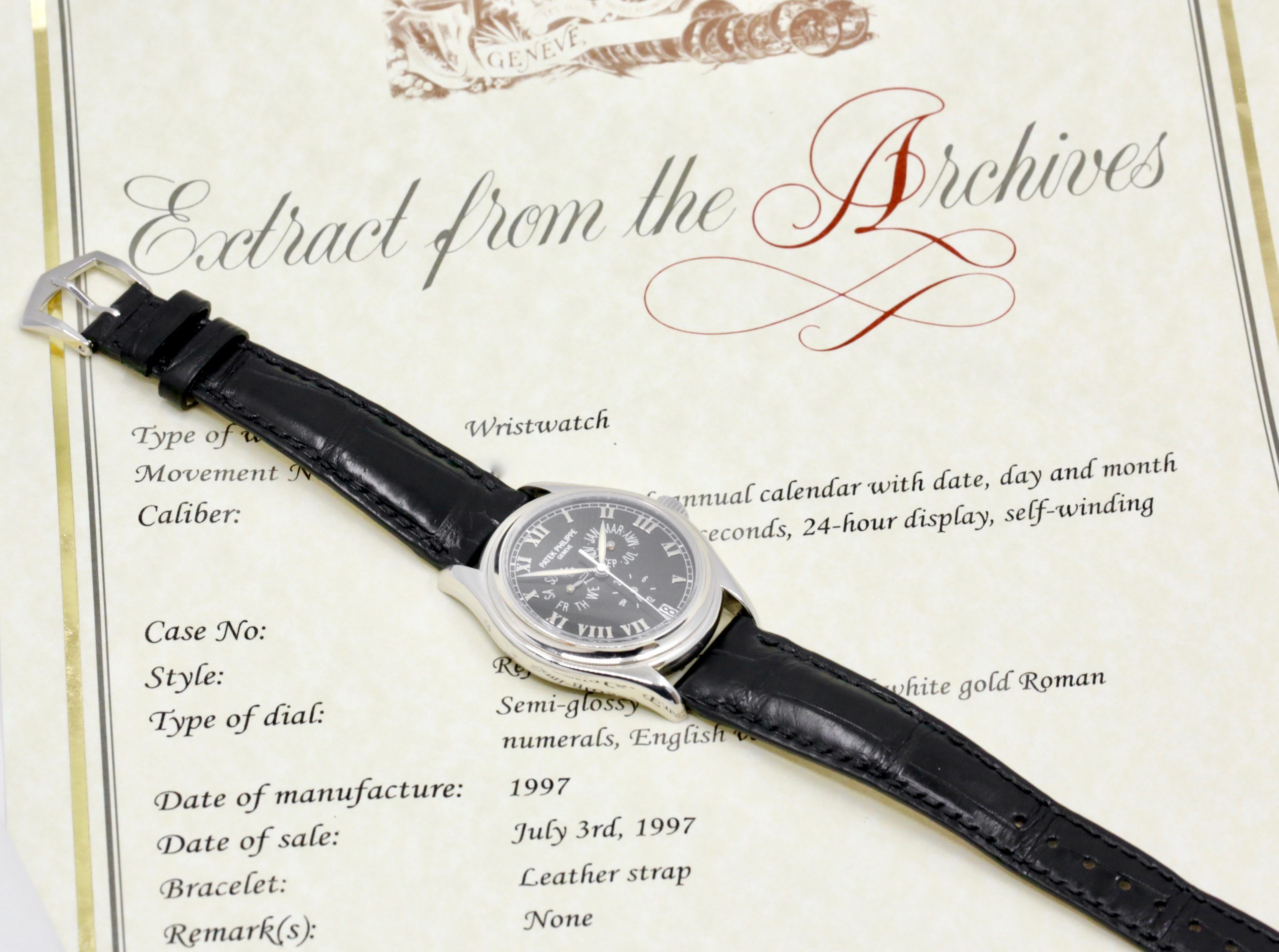 Patek Philippe Annual Calendar, Ref. 5035P, 37mm Platinum Case (0.950PT), Black Roman Dial with Day, Month, Subsidiary Second & Date Display, on Black Patek Philippe Alligator Strap with Platinum Patek Tang Buckle, with Patek Philippe Archive Certificate - Image 6