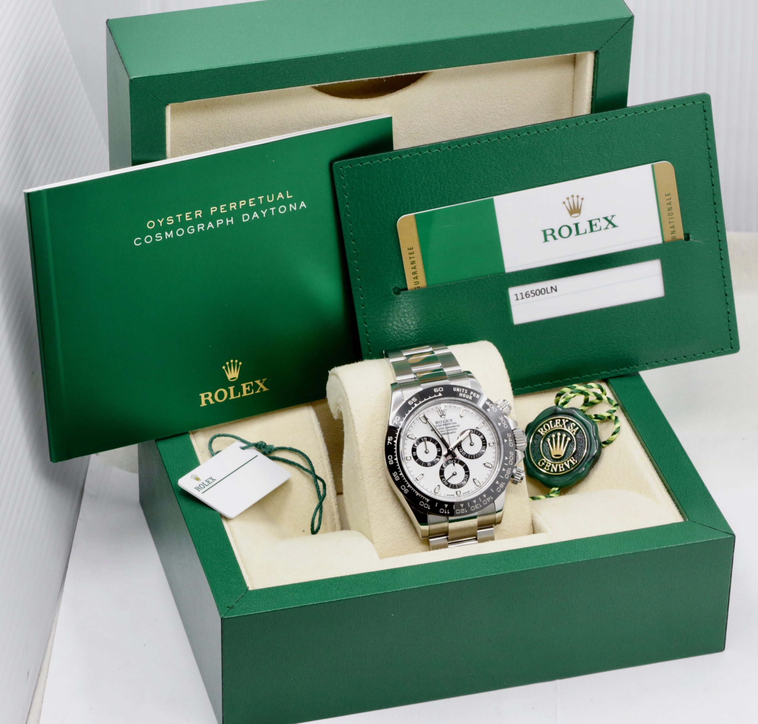 Rolex Cosmograph Daytona "Panda", in Stainless Steel, Black Ceramic Bezel, White Index Dial, on a Rolex Oystersteel Bracelet, Ref: 116500LN, Circa: 2017, Complete with Box, Book, Green & White Tags, Rolex Warranty Card, - Image 7