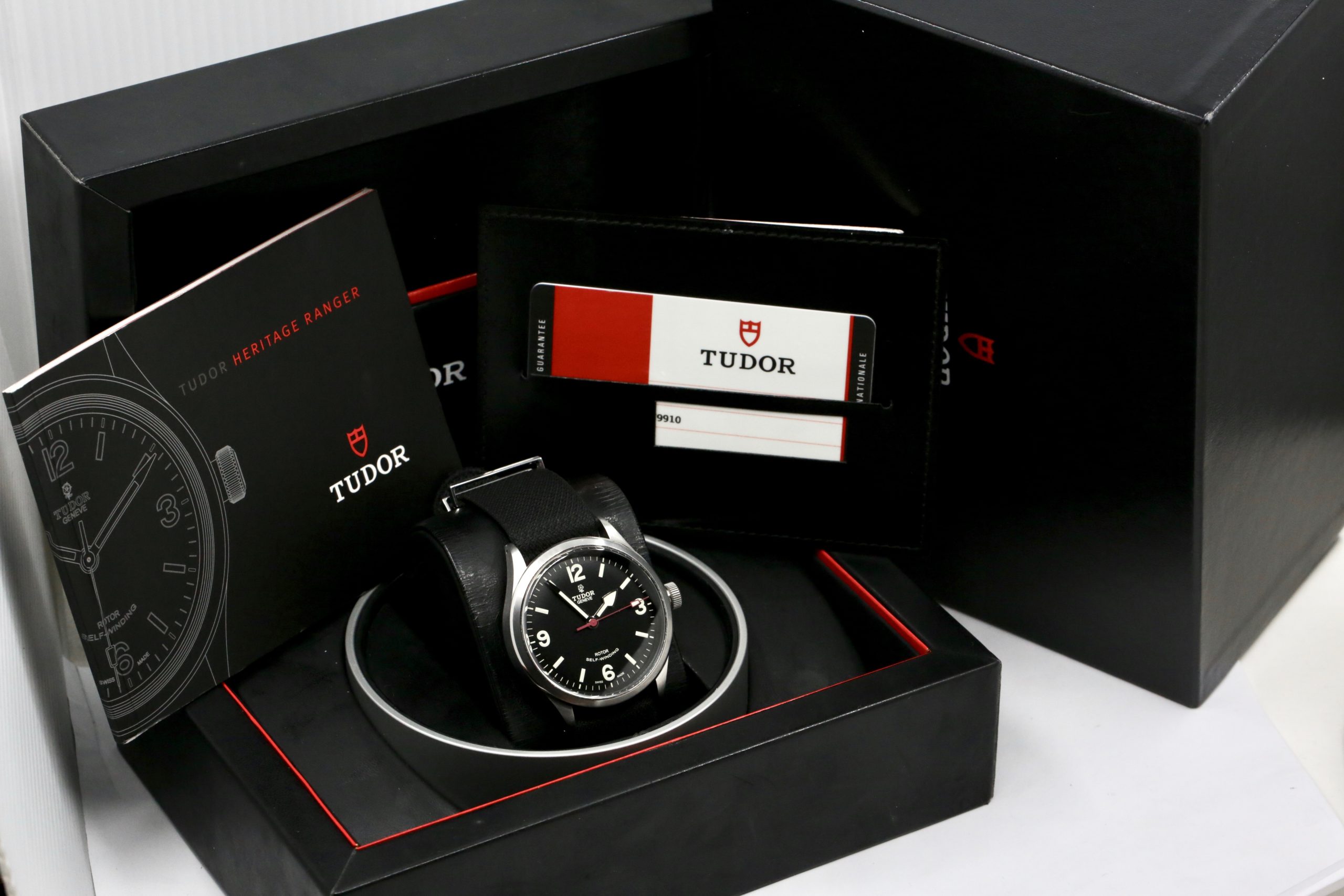 Tudor Heritage Ranger in Stainless Steel, 41mm, Matte Black Dial with Luminous Arabic Numerals at 3,6,9,12 Dial with Harpoon Hands on a Tudor Fabric Strap and Tang Buckle, Ref. 79910, Circa: 2017, with Box, Book and Tudor Warranty Card - Image 6