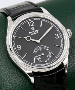 Rolex 1908 in 18ct White Gold, Black Arabic Dial with White Gold Index Markers on a Rolex Alligator Leather Strap with 18ct White Gold Rolex Deployant, Ref: 52509, Circa: 2023, with Box, Books, Rolex Warranty Card & Balance of 5 Year Rolex Factory Warranty