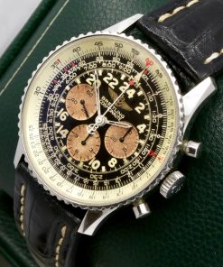 Alternative view of Breitling Navitimer Cosmonaute 24HR in stainless steel, slide rule bezel, Black Arabic dial with the Rare Tropical sub-dials, on a Breitling strap and tang buckle. Ref: A12020, Circa 1990's