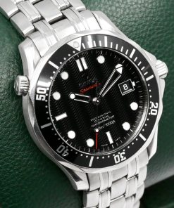 Alternative view of Omega Seamaster 300 in stainless steel, black index laser-engraved wave motif dial with a black 60 minute bezel on an Omega stainless steel bracelet Ref 212.30.41.20.01.002, Watch Only Ca 2012 (est)