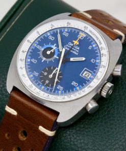Alternative view of Vintage Omega Seamaster Chronograph in stainless steel, Blue index dial with sub dials in Black, on Brown Leather Strap. Ref: 176.007, Ca.1974