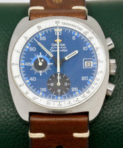 Vintage Omega Seamaster Chronograph in stainless steel, Blue index dial with sub dials in Black, on Brown Leather Strap. Ref: 176.007, Ca.1974