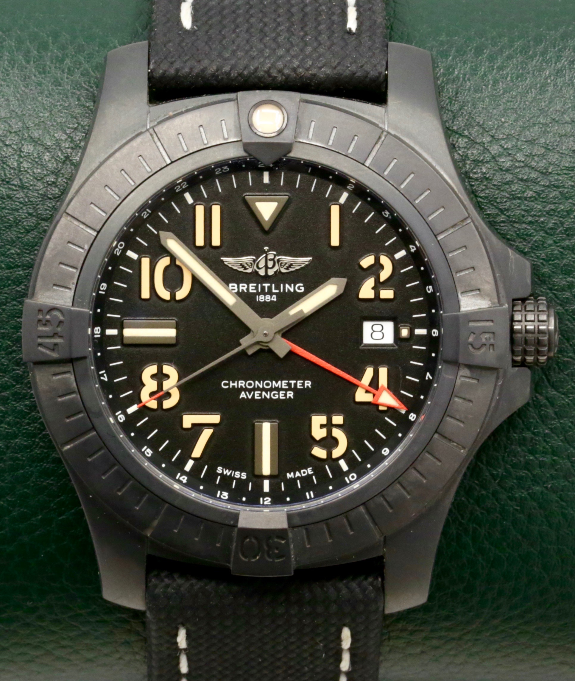 Breitling Avenger Automatic GMT 45 "Night Mission", DLC Coated Titanium Case, Black Arab Dial, Black Breitling Composite Strap with DLC Coated Titanium Breitling Deployant, Ref. V32395, Circa: 2021, with Box & Papers