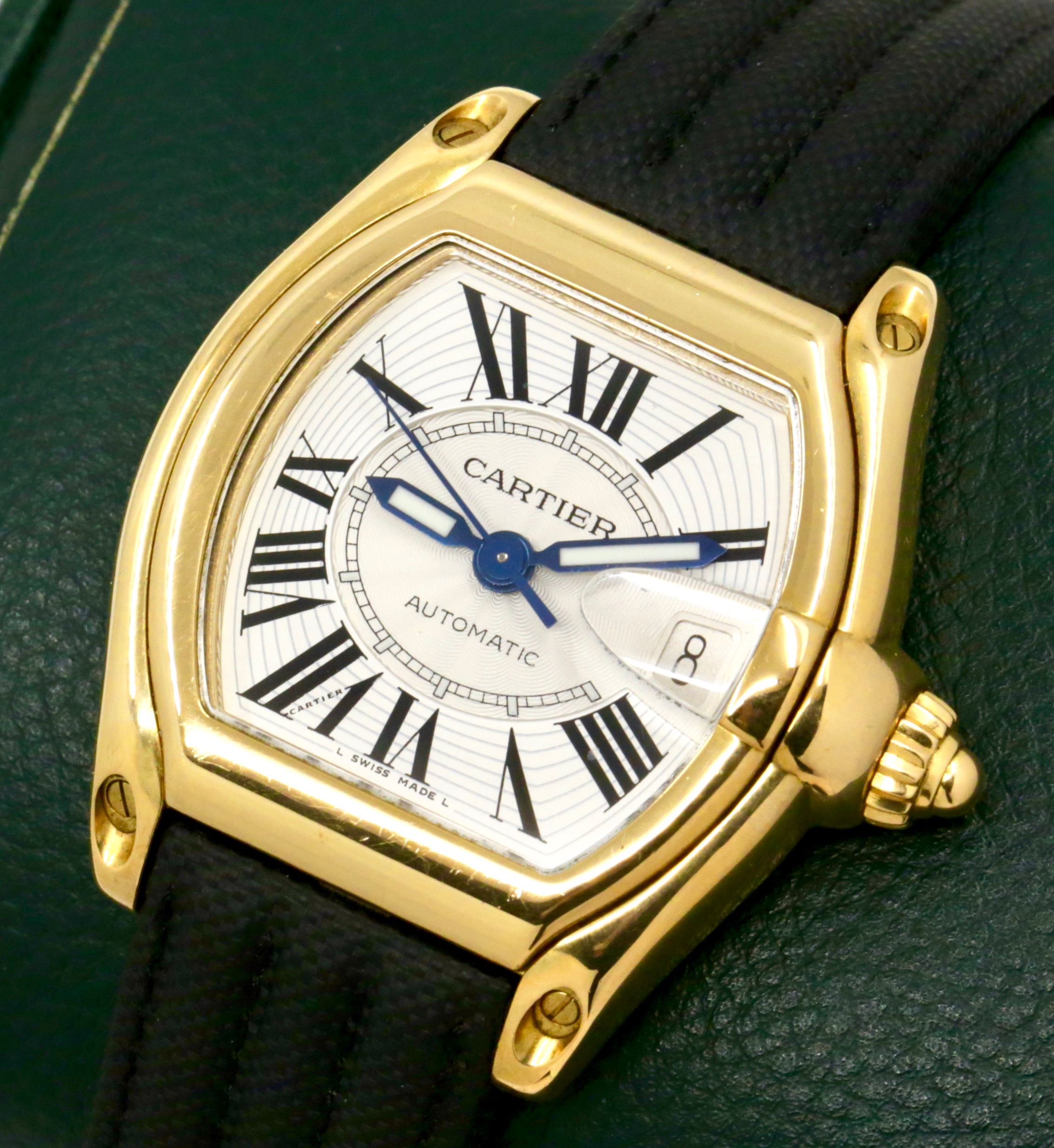 Cartier Roadster Automatic, 18ct Yellow Gold Case, Silver Dial with Roman Numerals, Black Composite Strap with 18ct Yellow Gold Cartier Deployant Clasp, Ref: W62005V2, Box, Book and Cartier Warranty Paper, Ca: 2003