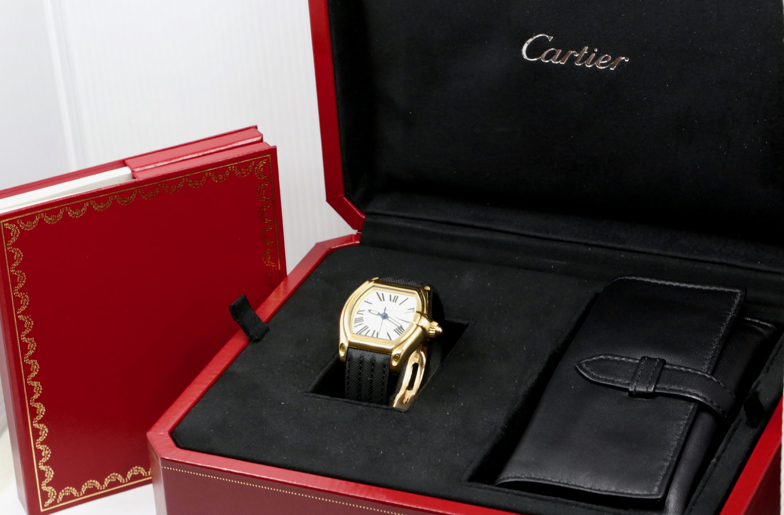 Cartier Roadster Automatic, 18ct Yellow Gold Case, Silver Dial with Roman Numerals, Black Composite Strap with 18ct Yellow Gold Cartier Deployant Clasp, Ref: W62005V2, Box, Book and Cartier Warranty Paper, Ca: 2003 - Image 8
