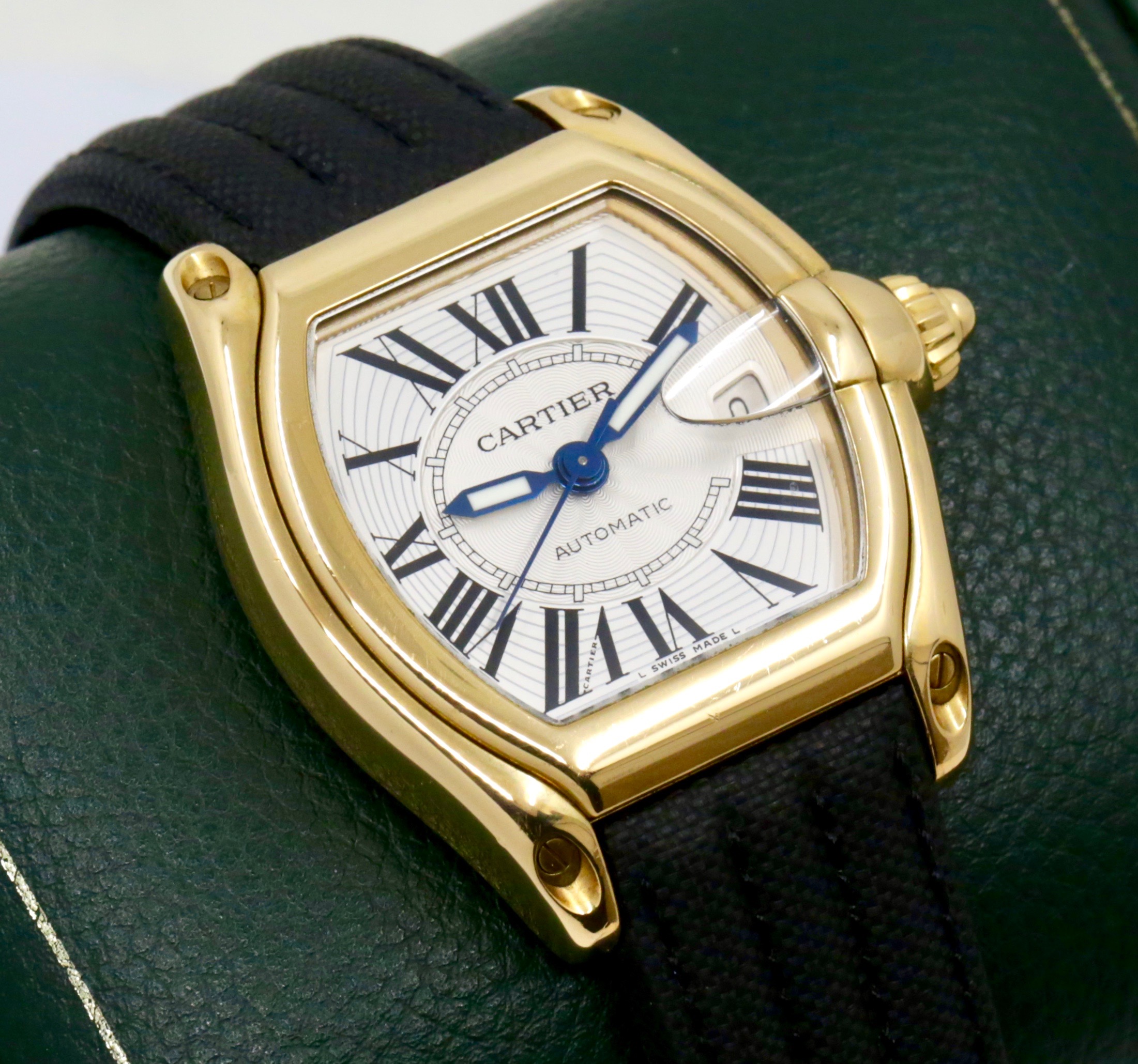 Cartier Roadster Automatic, 18ct Yellow Gold Case, Silver Dial with Roman Numerals, Black Composite Strap with 18ct Yellow Gold Cartier Deployant Clasp, Ref: W62005V2, Box, Book and Cartier Warranty Paper, Ca: 2003 - Image 2