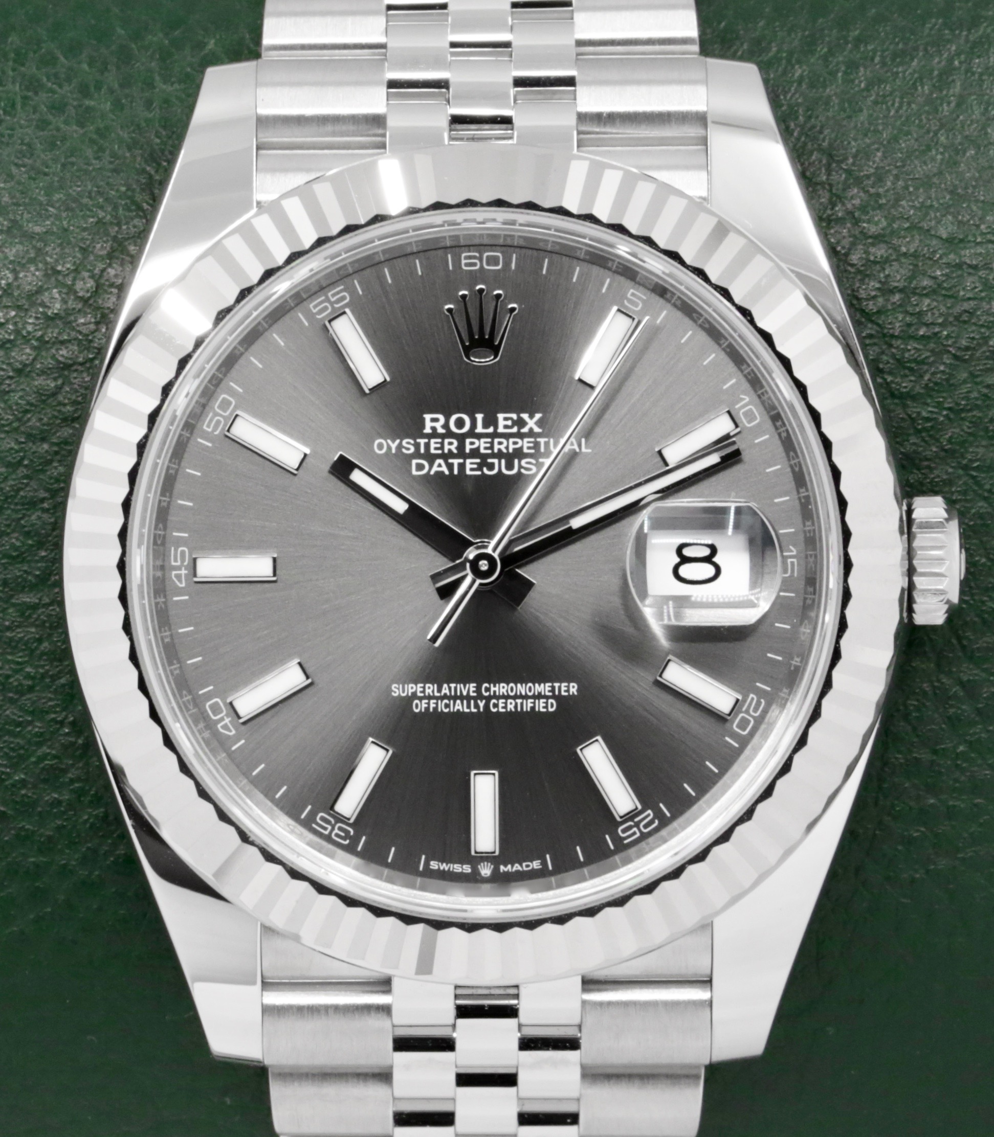 Rolex Datejust 41, Stainless Steel, with 18ct White Gold Fluted Bezel, Slate Index Dial, on Stainless Steel Rolex Jubilee Bracelet, Ref. 126334, Circa: 2025, with Complete with Box, Books, Swing Tag, Rolex Warranty Card & Balance of 5 Year Rolex Factory Warranty