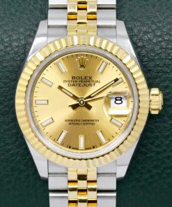 Rolex Lady-Datejust 28, Stainless Steel & 18ct Yellow Gold, Fluted Bezel, Champagne Index Dial, on Stainless Steel & 18ct Yellow Gold Rolex Jubilee Bracelet, Ref. 279173, Circa: 2023, with Box, Papers & Balance of 5 Year Rolex Factory Warranty