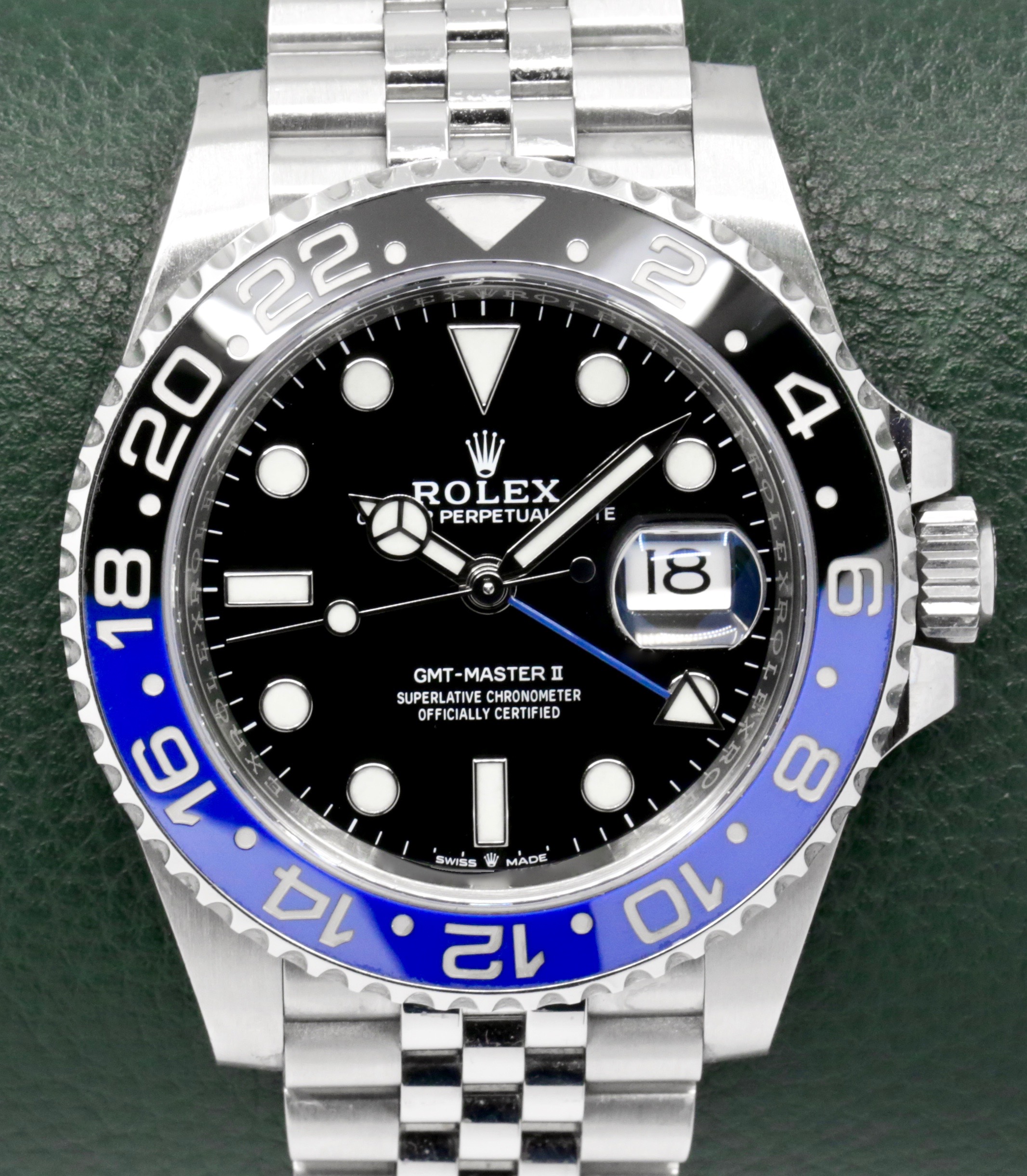 Rolex GMT-Master II “Batgirl”, Stainless Steel, Black & Blue Ceramic Bezel, Black Index Dial, on Stainless Steel Rolex Jubilee Bracelet, Ref. 126710BLNR, Circa: 2019, with Box, Books, Green and White Swing Tags, Rolex Warranty Card