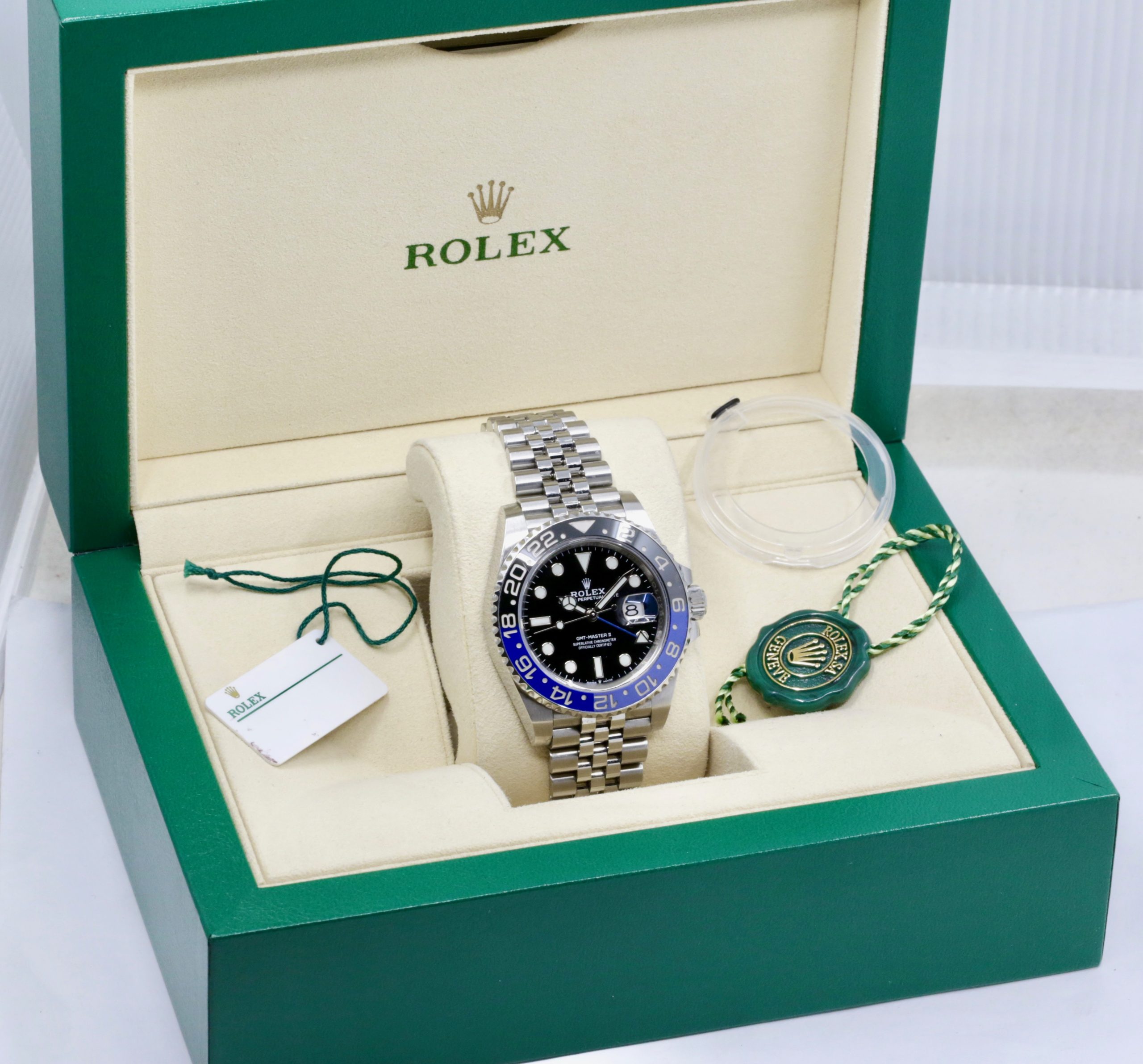 Rolex GMT-Master II “Batgirl”, Stainless Steel, Black & Blue Ceramic Bezel, Black Index Dial, on Stainless Steel Rolex Jubilee Bracelet, Ref. 126710BLNR, Circa: 2019, with Box, Books, Green and White Swing Tags, Rolex Warranty Card - Image 7